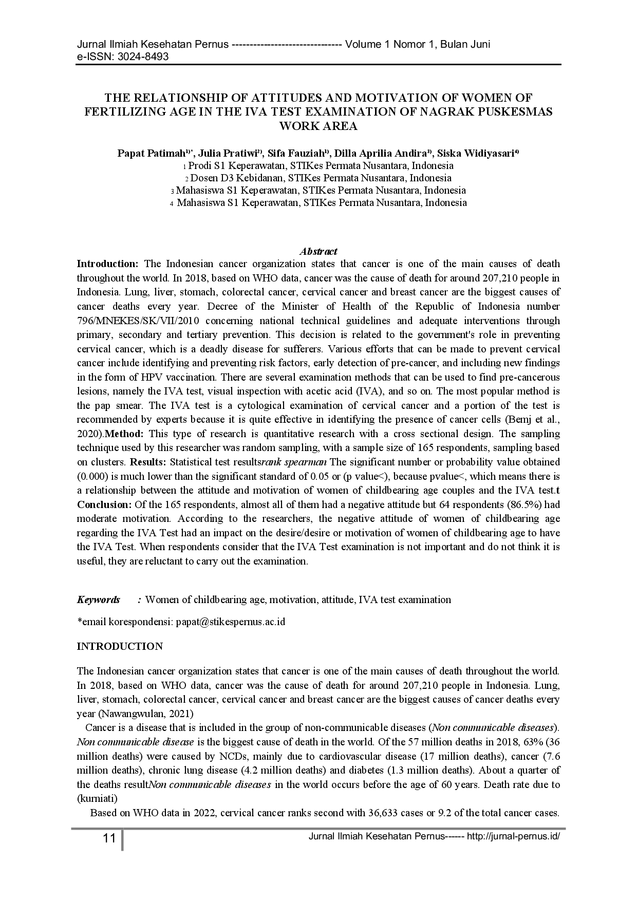 juris The Relationship of Attitudes and Motivation of Women of Fertilizing Age in the IVA Test Examination of Nagrak Puskesmas Work Area