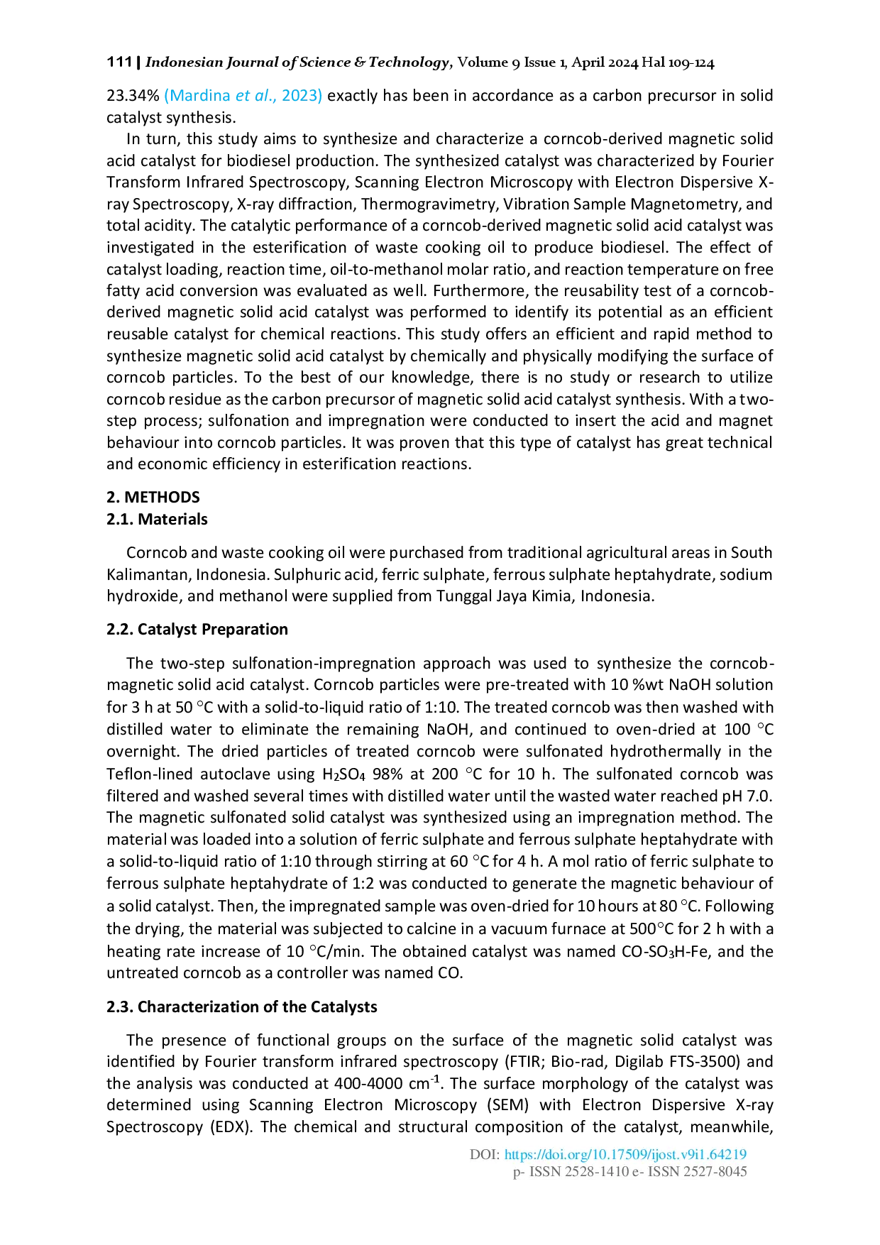 juris Corncob Derived Sulfonated Magnetic Solid Catalyst Synthesis as Heterogeneous Catalyst in The Esterification of Waste Cooking Oil and Bibliometric Analysis