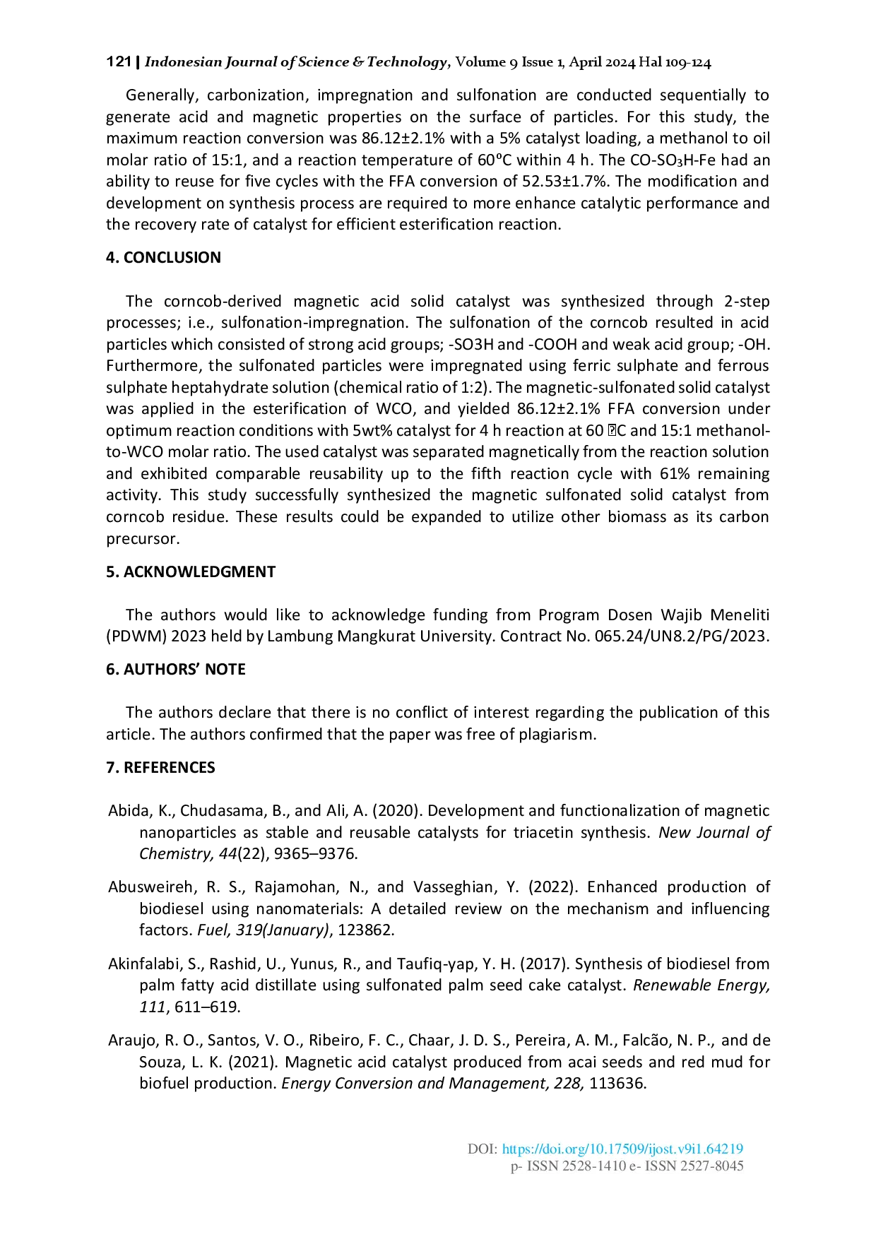 juris Corncob Derived Sulfonated Magnetic Solid Catalyst Synthesis as Heterogeneous Catalyst in The Esterification of Waste Cooking Oil and Bibliometric Analysis