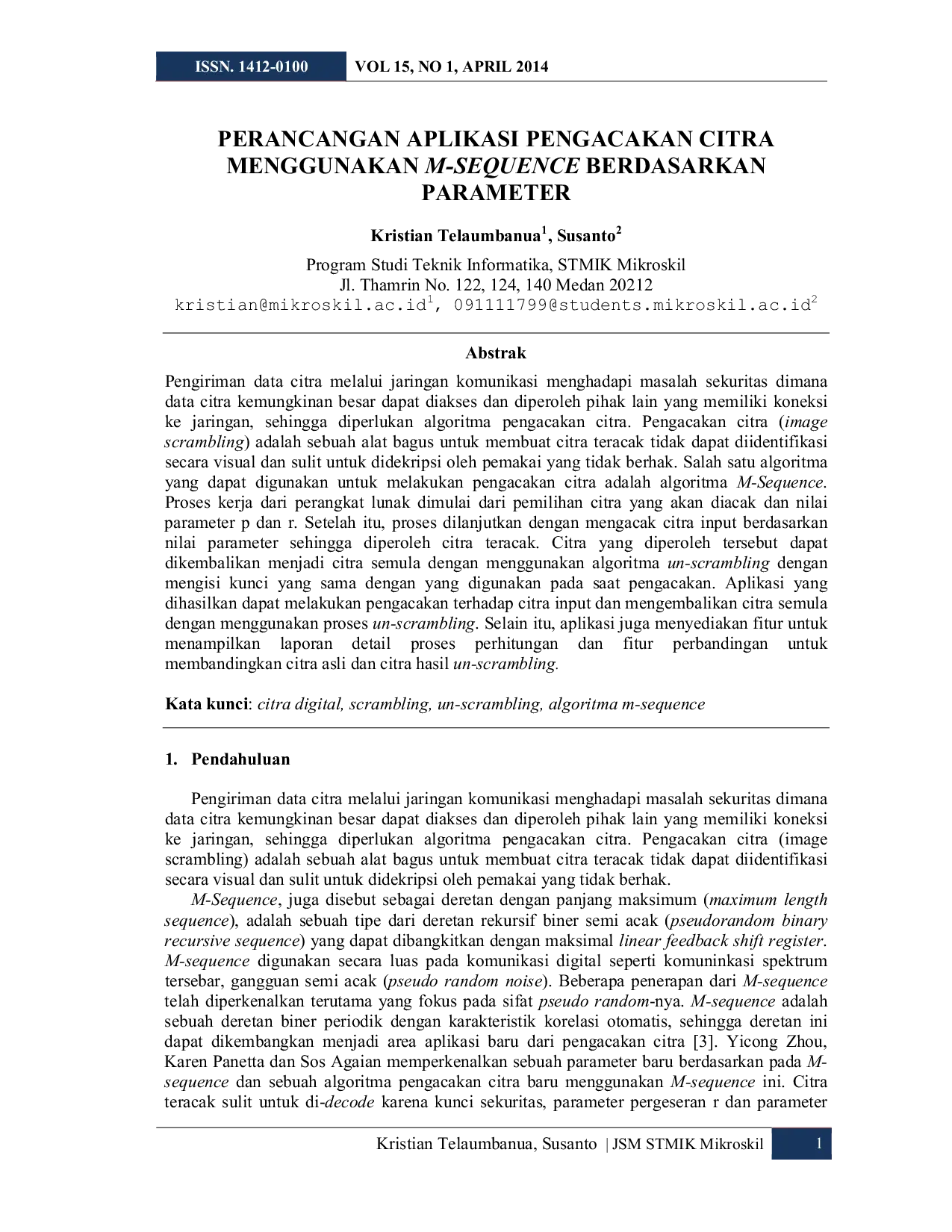 JURIS Perancangan Aplikasi Pengacakan Citra Menggunakan M Sequence Berdasarkan Parameter