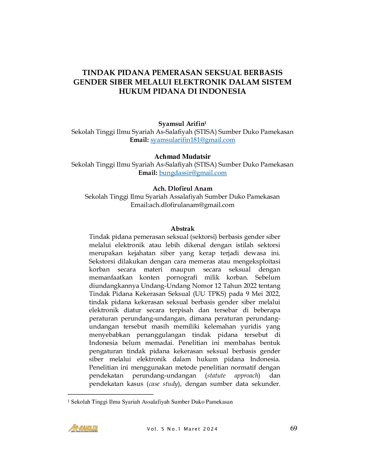JURIS Tindak Pidana Pemerasan Seksual Berbasis Gender Siber Melalui Elektronik dalam Sistem Hukum Pidana di Indonesia