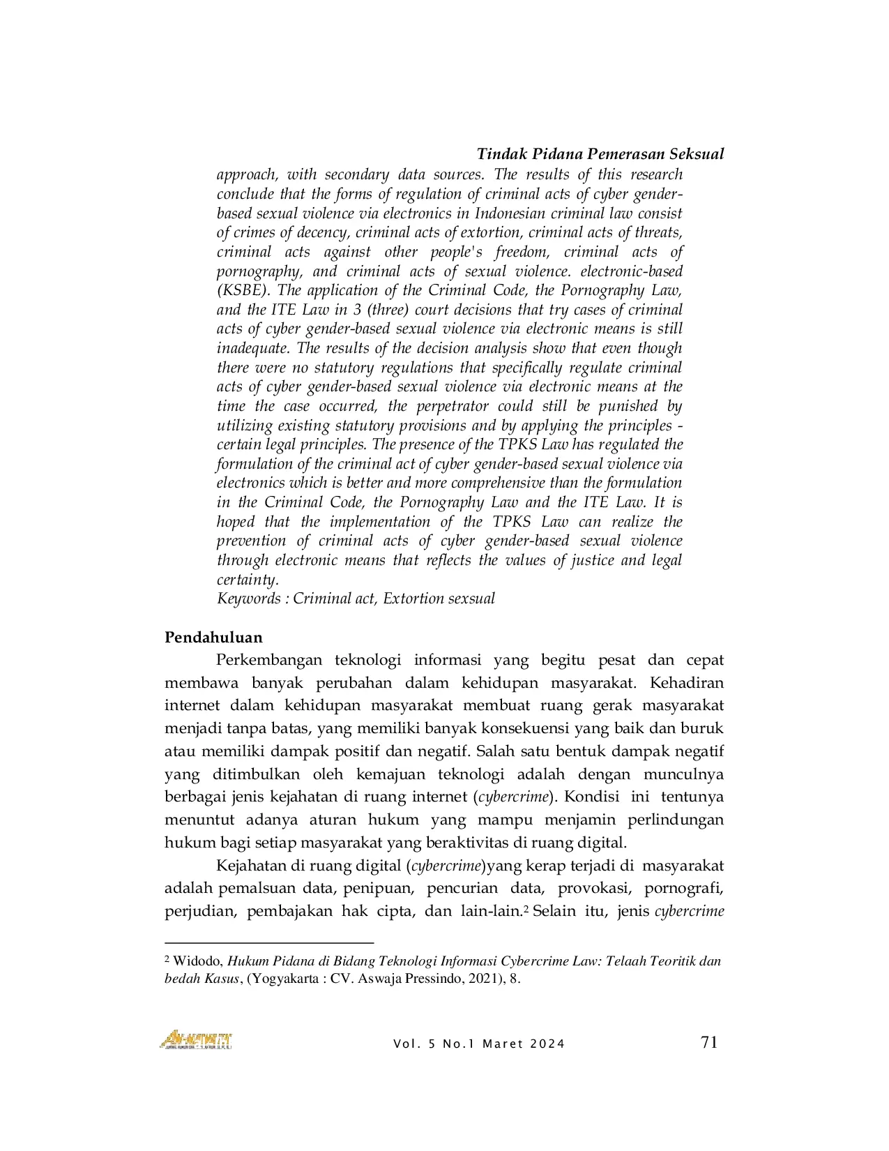 JURIS Tindak Pidana Pemerasan Seksual Berbasis Gender Siber Melalui Elektronik dalam Sistem Hukum Pidana di Indonesia