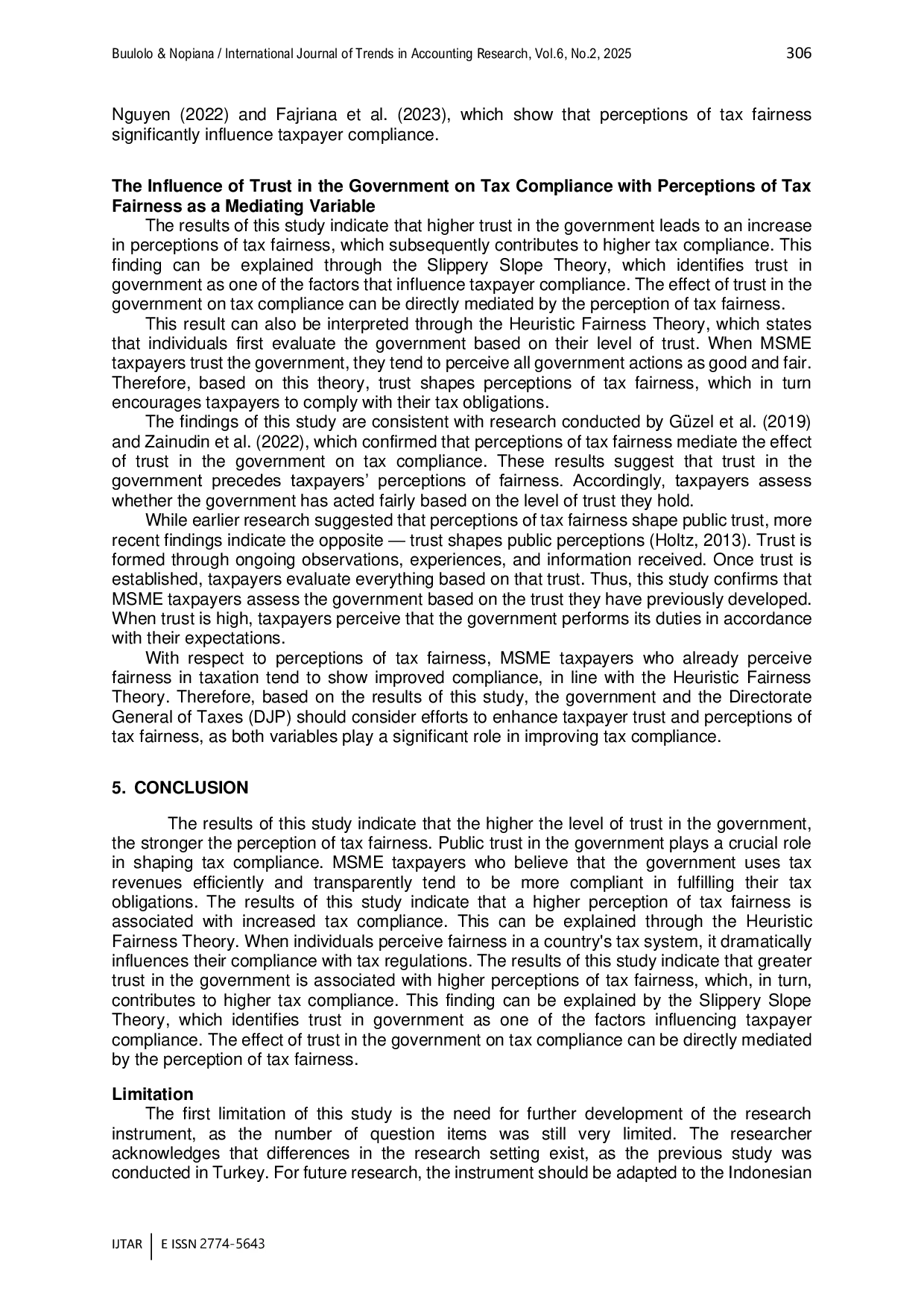 JURIS The Influence of Trust in the Government on Tax Compliance with the Perception of Tax Fairness as a Mediating Variable