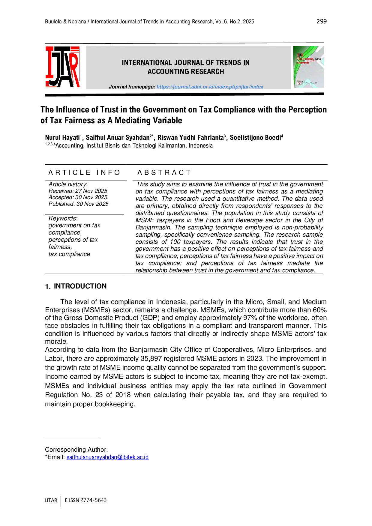 JURIS The Influence of Trust in the Government on Tax Compliance with the Perception of Tax Fairness as a Mediating Variable