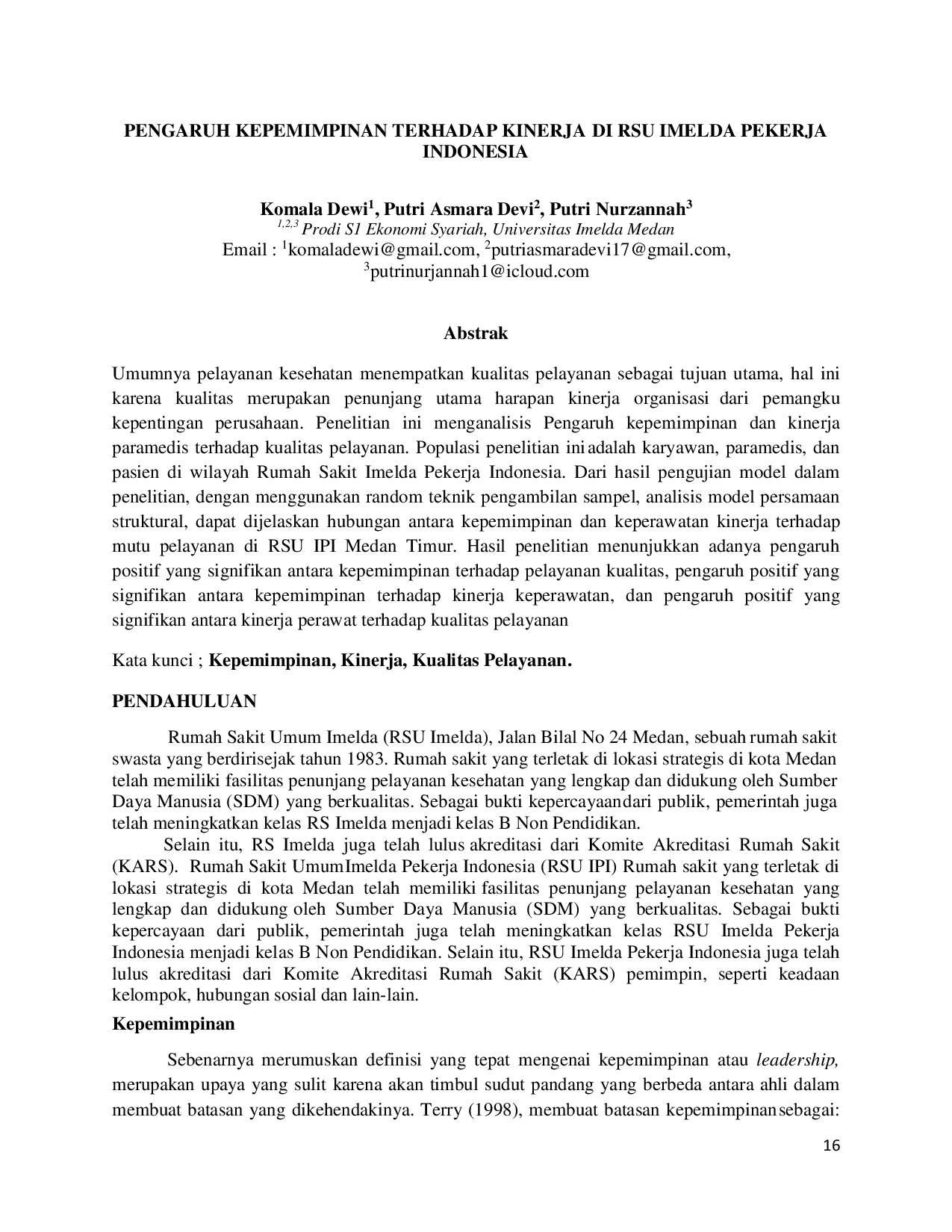 juris Pengaruh Kepemimpinan Terhadap Kinerja Di Rsu Imelda Pekerja Indonesia
