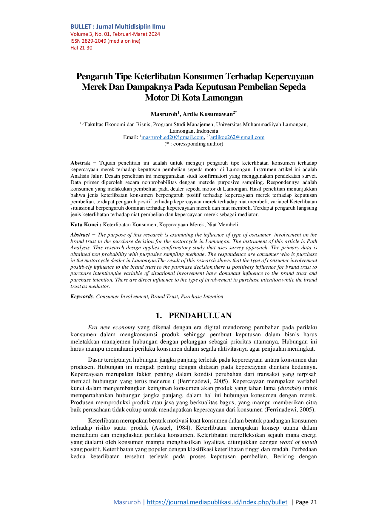 JURIS Pengaruh Tipe Keterlibatan Konsumen Terhadap Kepercayaan Merek Dan Dampaknya Pada Keputusan Pembelian Sepeda Motor Di Kota Lamongan