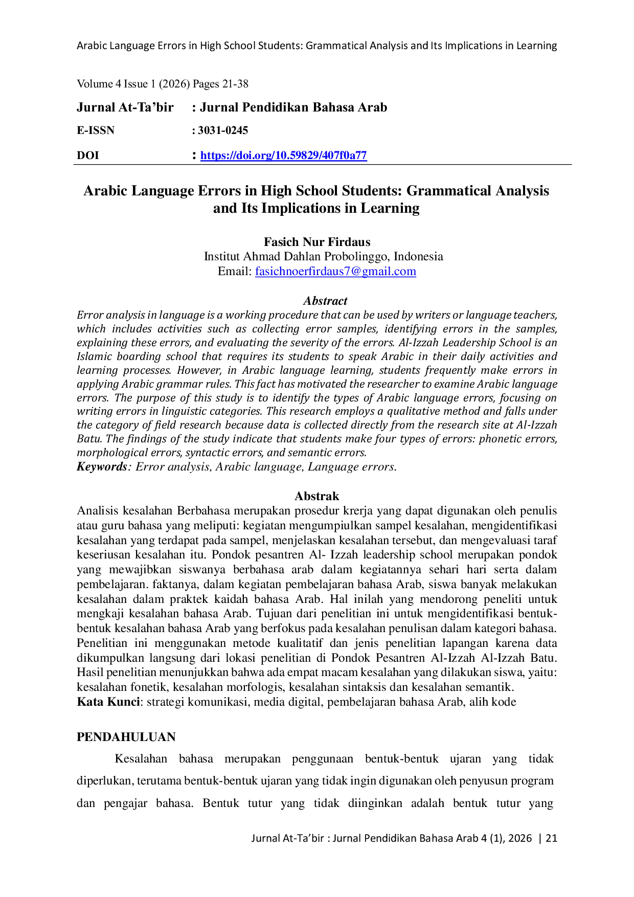 JURIS Arabic Language Errors in High School Students Grammatical Analysis and Its Implications in Learning