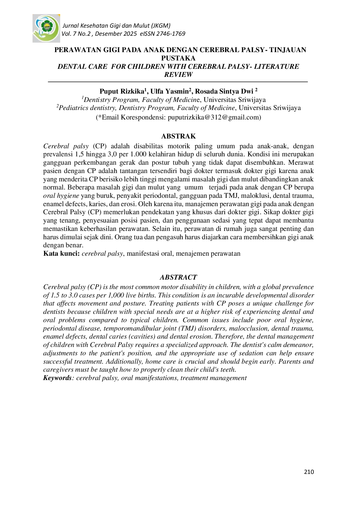 JURIS Perawatan Gigi untuk Anak dengan Cerebral Palsy Tinjauan Pustaka