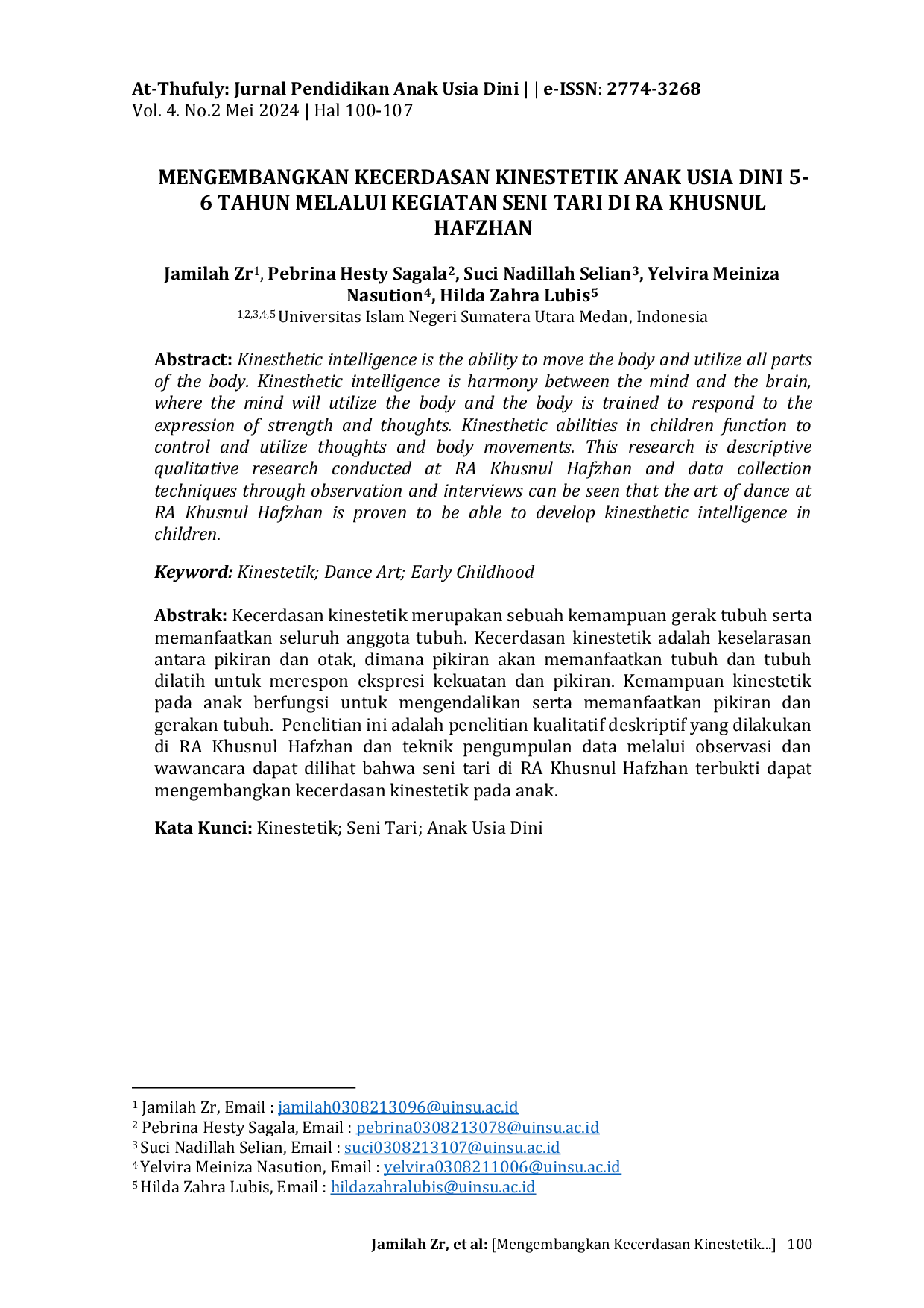 JURIS Mengembangkan Kecerdasan Kinestetik Anak Usia Dini 5 6 Tahun Melalui Kegiatan Seni Tari Di RA Khusnul Hafzhan