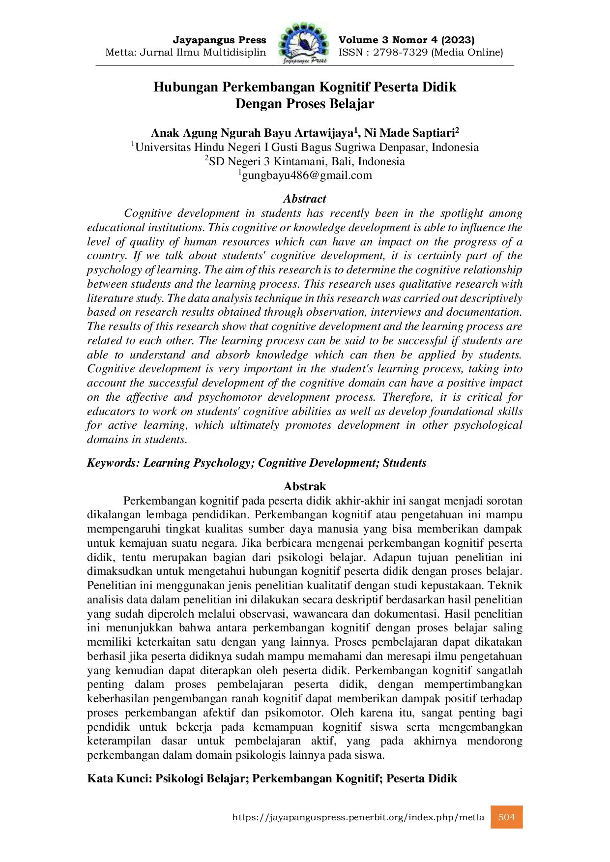 JURIS Hubungan Perkembangan Kognitif Peserta Didik Dengan Proses Belajar