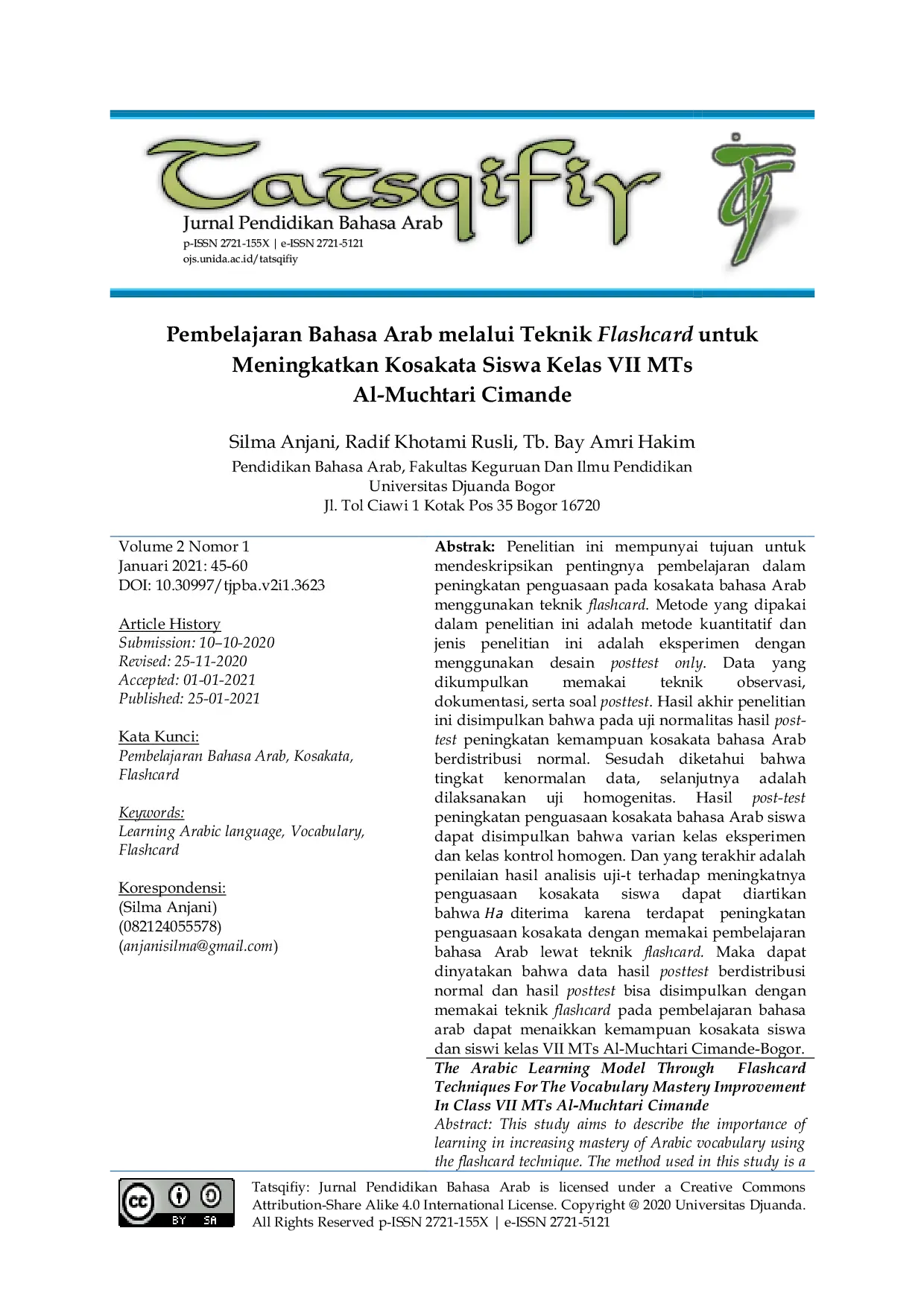 JURIS Pembelajaran Bahasa Arab melalui Teknik Flashcard untuk Meningkatkan Kosakata Siswa Kelas VII MTs Al Muchtari Cimande