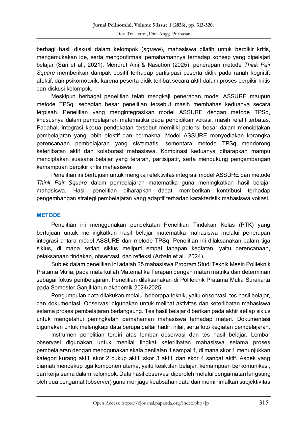 JURIS Integrasi Model ASSURE dan Metode Think Pair Square dalam Meningkatkan Hasil Belajar Matematika