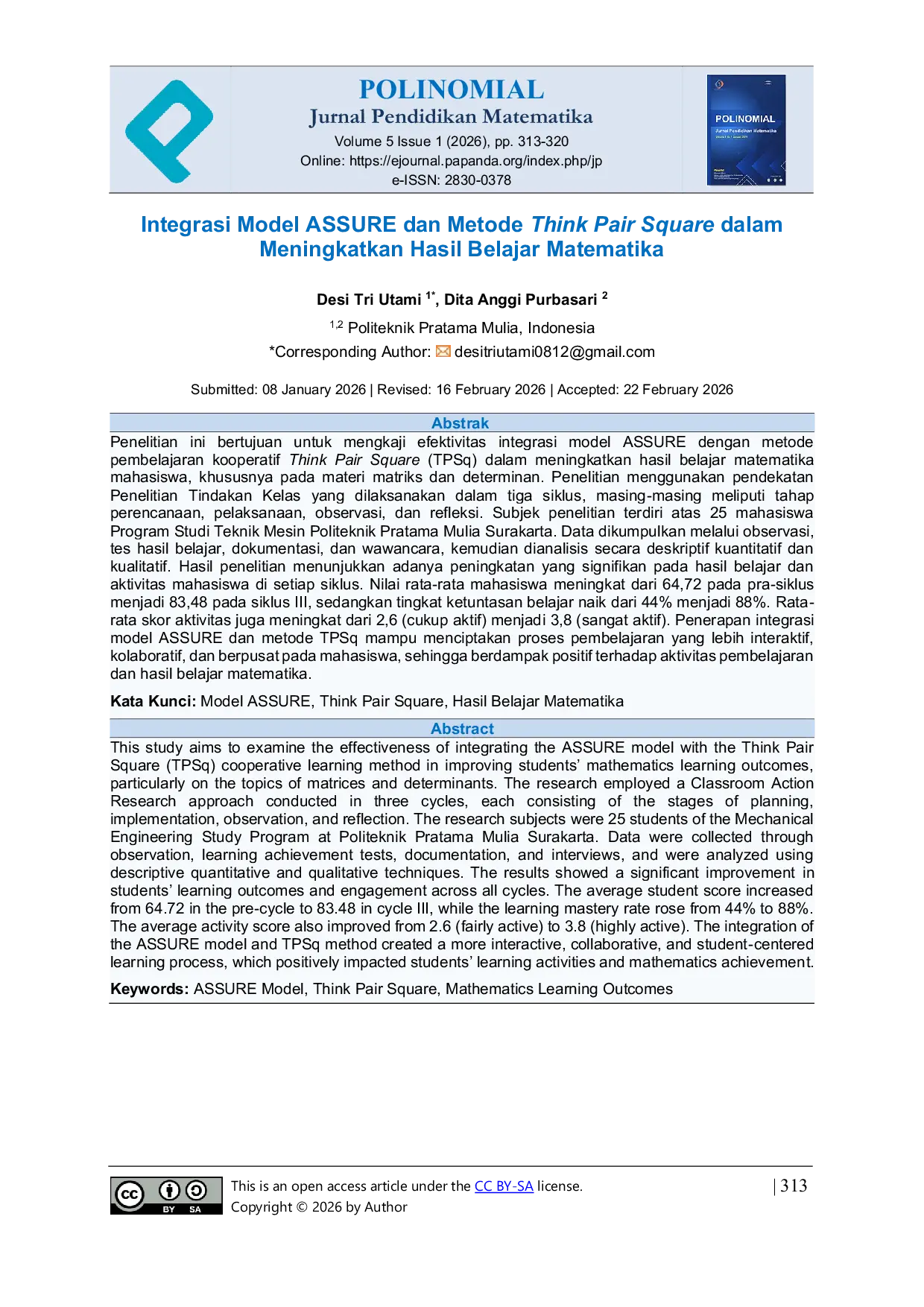 JURIS Integrasi Model ASSURE dan Metode Think Pair Square dalam Meningkatkan Hasil Belajar Matematika