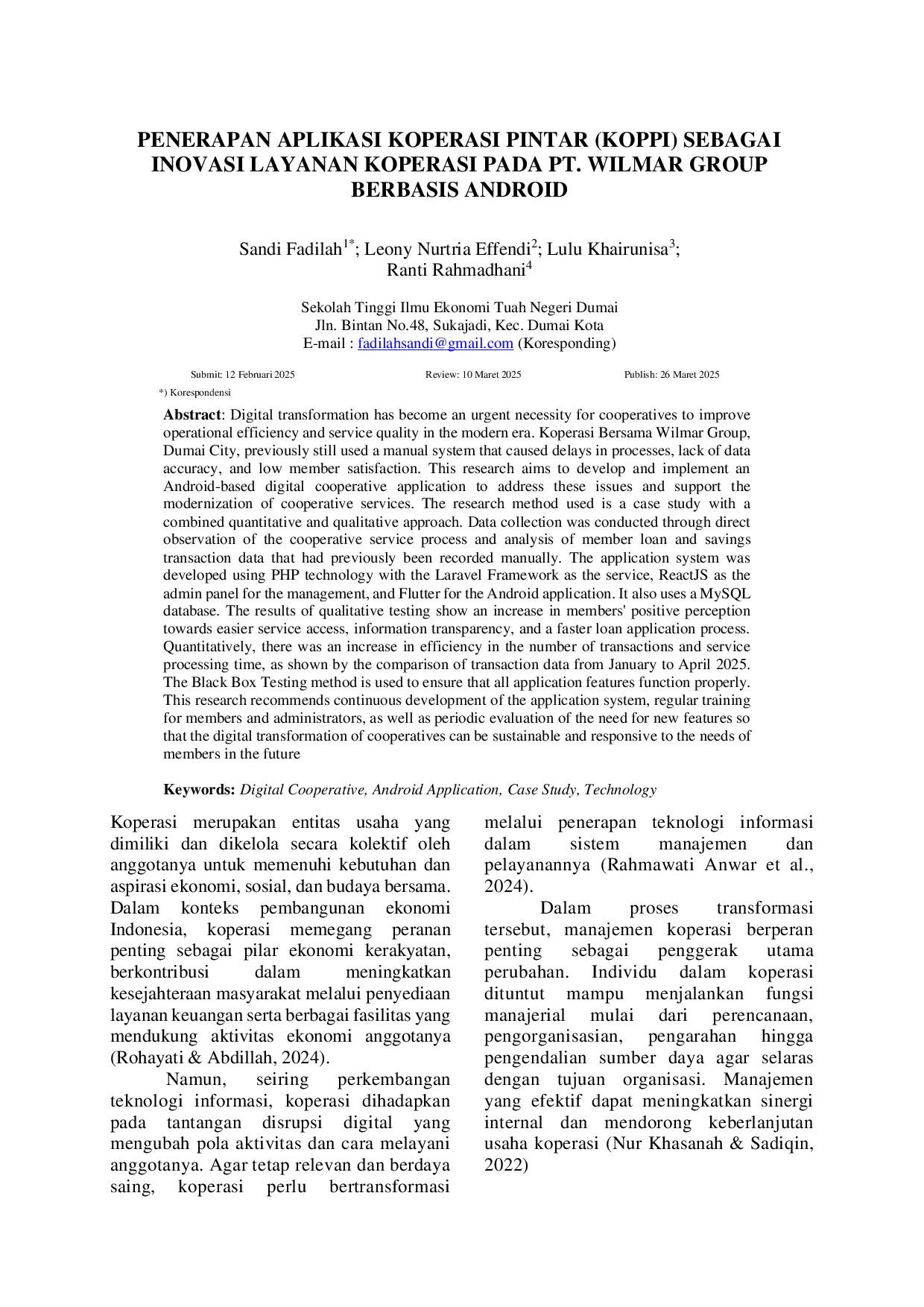 JURIS Penerapan Aplikasi Koperasi Pintar KOPPI Sebagai Inovasi Layanan Koperasi Pada PT Wilmar Group Berbasis Android
