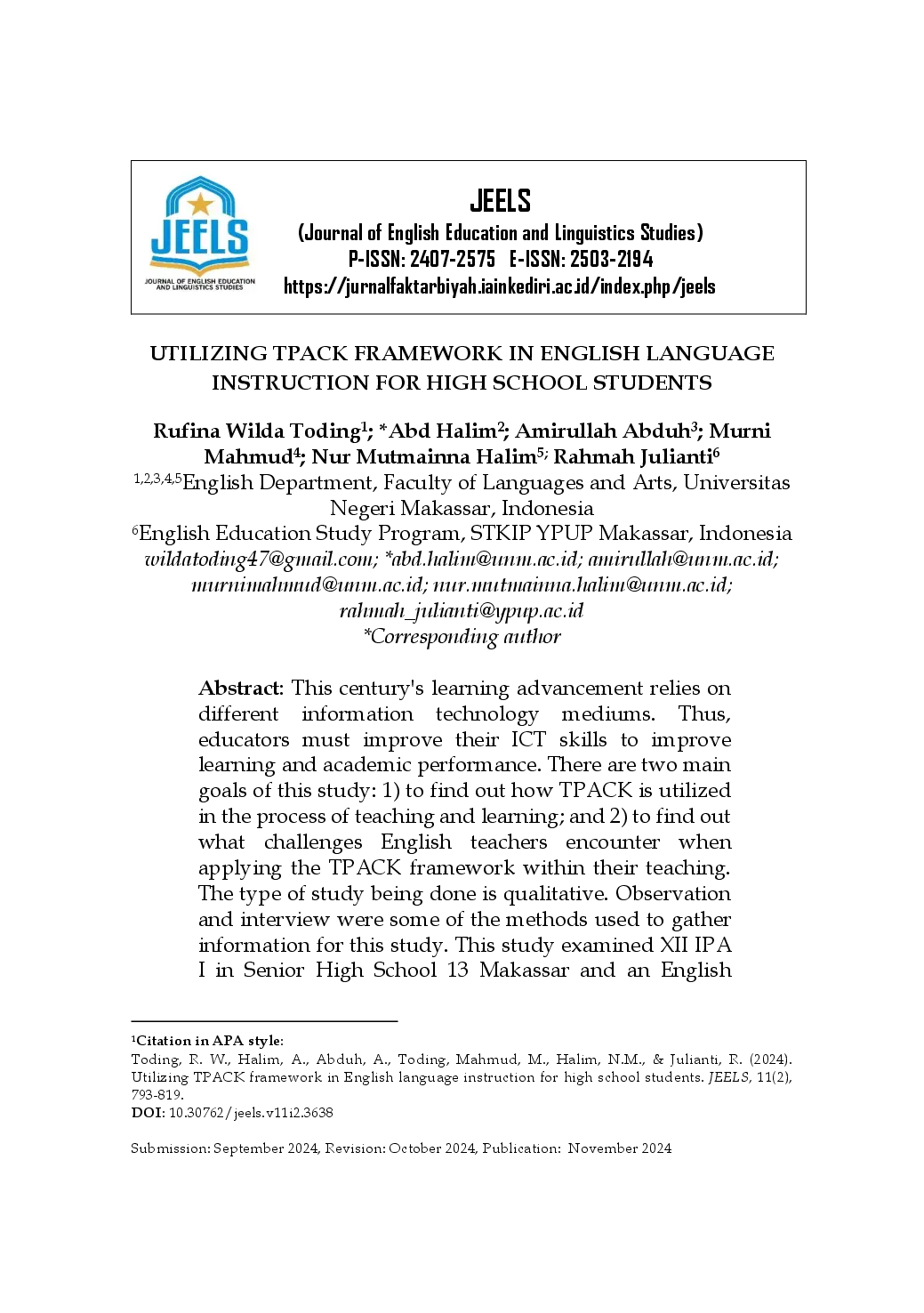 juris Utilizing TPACK Framework in English Language Instruction for High School Students