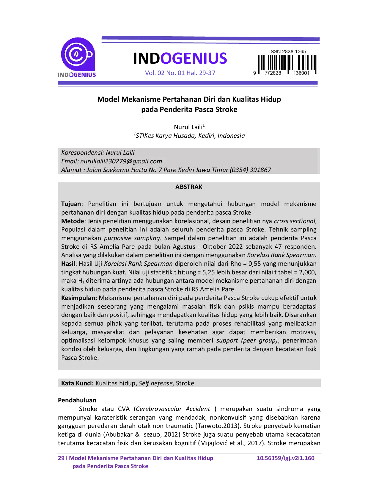 JURIS Model Mekanisme Pertahanan Diri dan Kualitas Hidup pada Penderita Pasca Stroke
