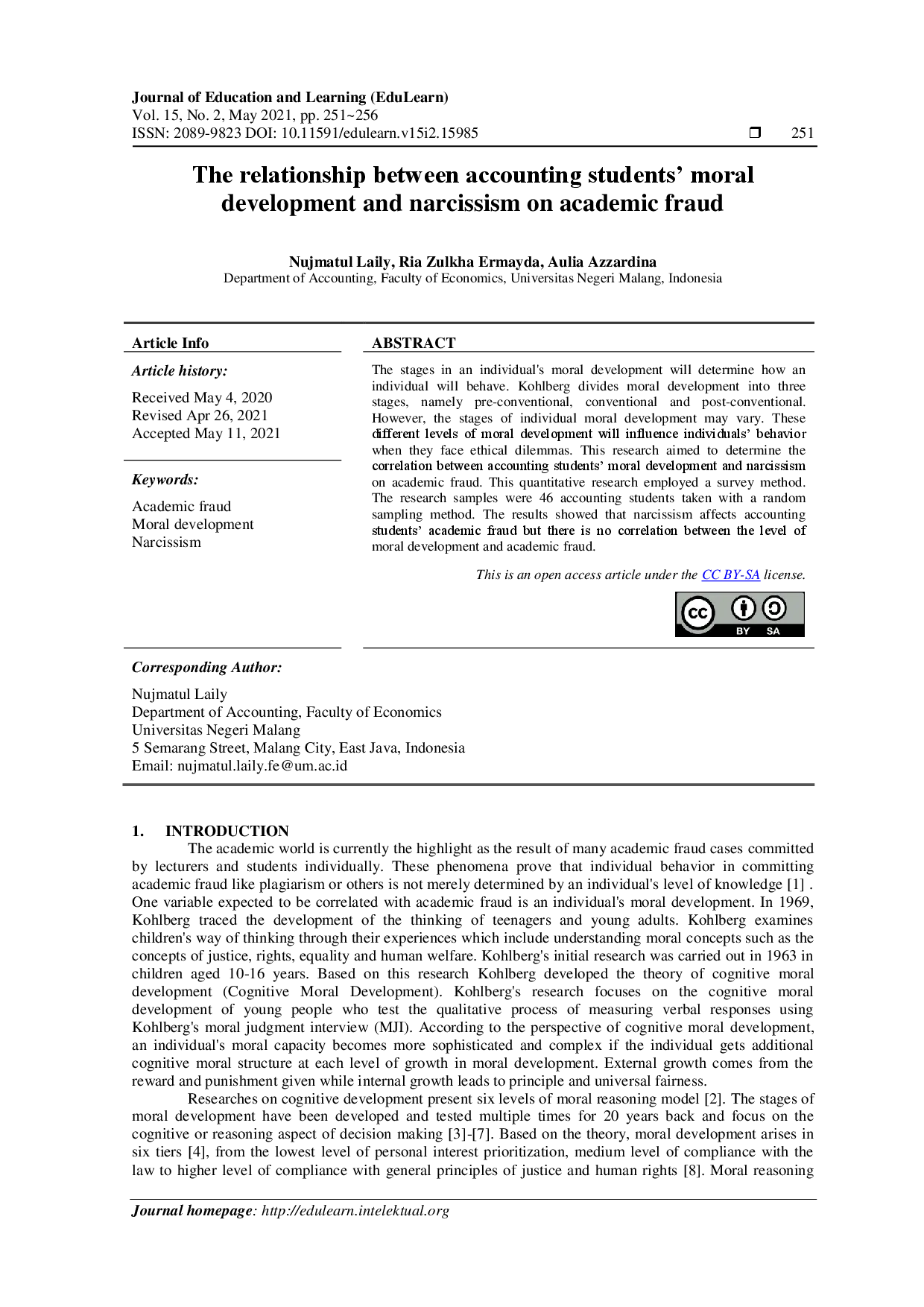 juris The relationship between accounting students moral development and narcissism on academic fraud