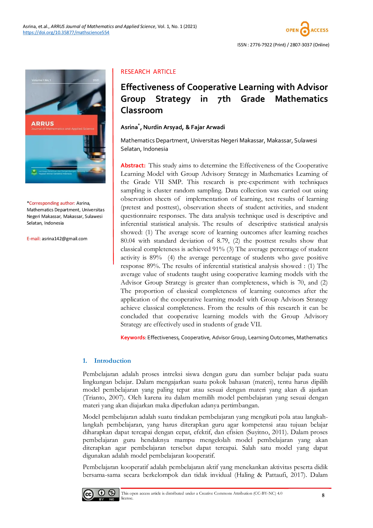 JURIS Effectiveness of Cooperative Learning with Advisor Group Strategy in 7th Grade Mathematics Classroom