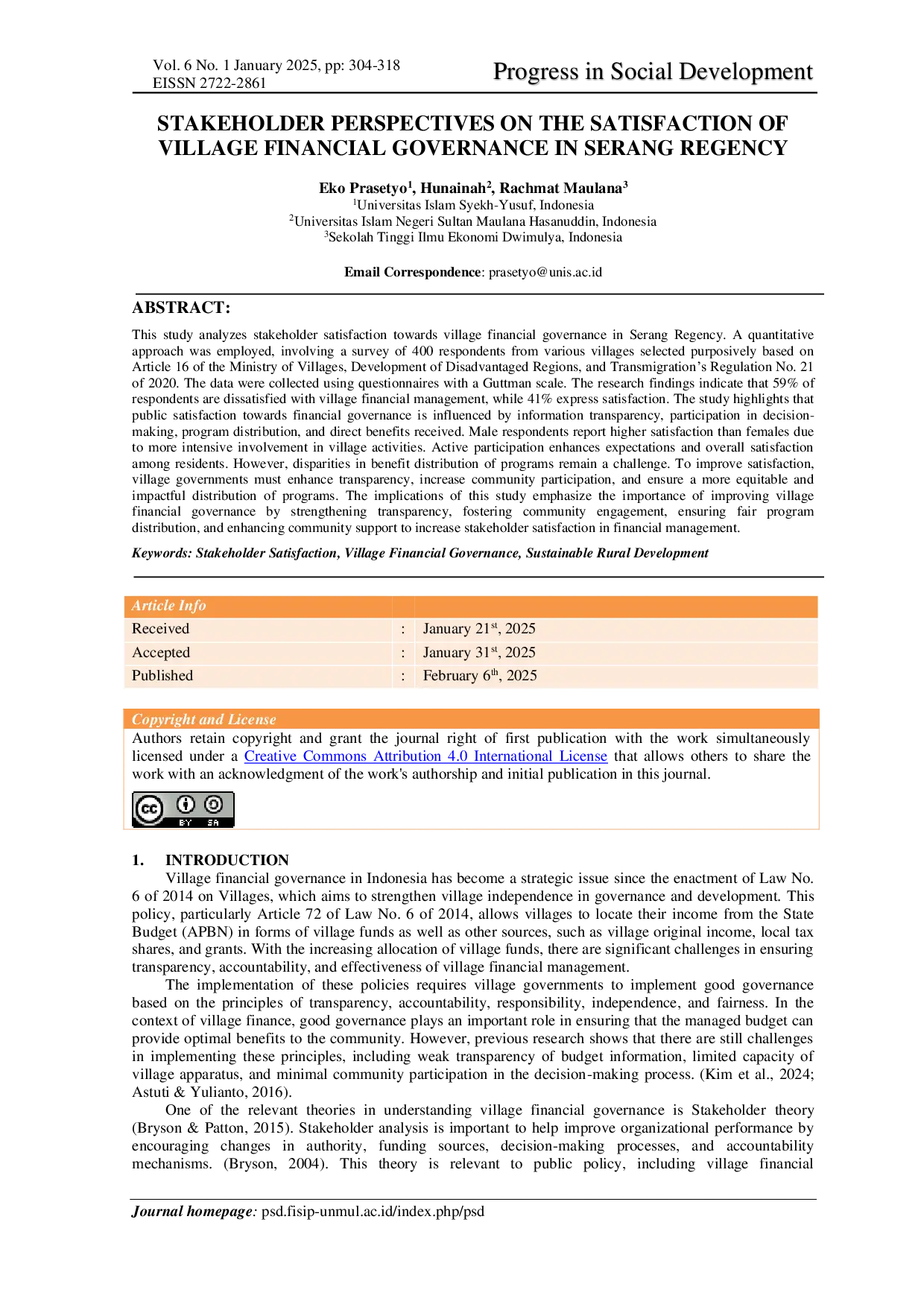 JURIS Stakeholder Perspectives on the Satisfaction of Village Financial Governance in Serang Regency