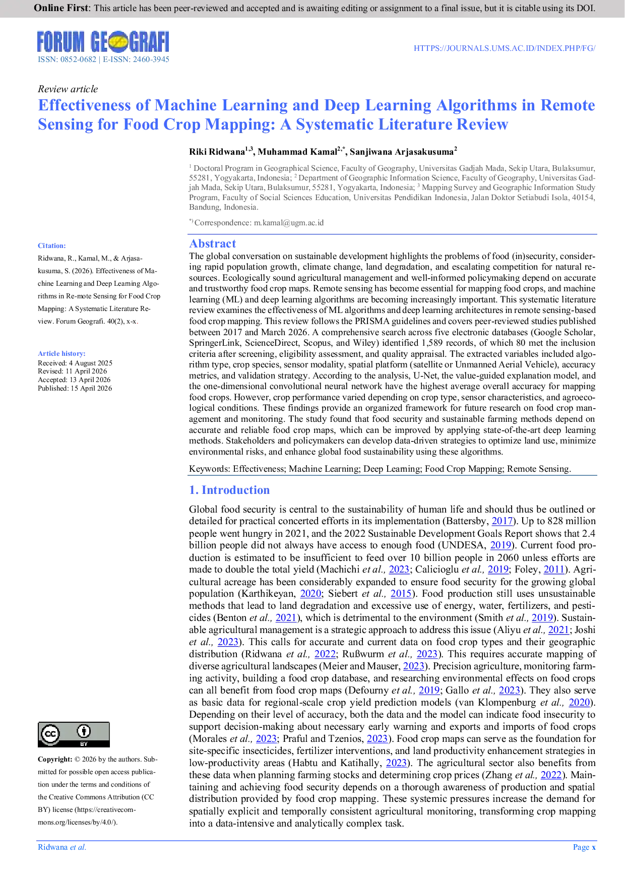 JURIS Effectiveness of Machine and Deep Learning Algorithms in Remote Sensing for Food Crop Mapping A Systematic Literature Review