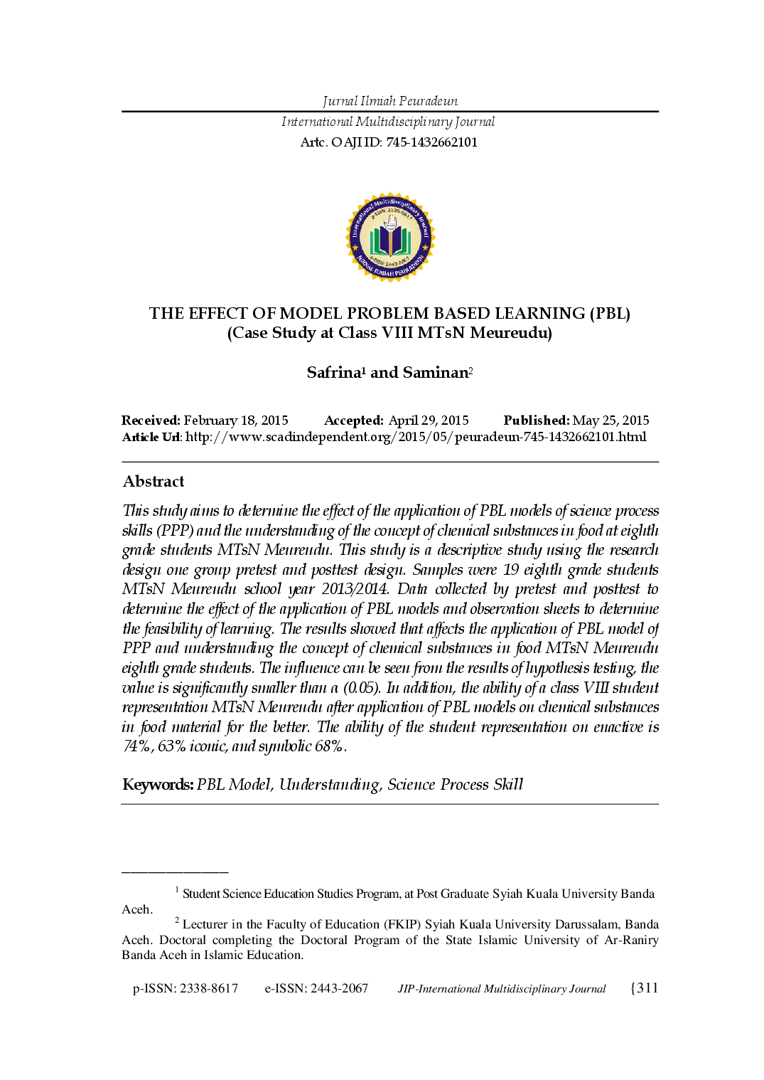 juris THE EFFECT OF MODEL PROBLEM BASED LEARNING PBL Case Study at Class VIII MTsN Meureudu