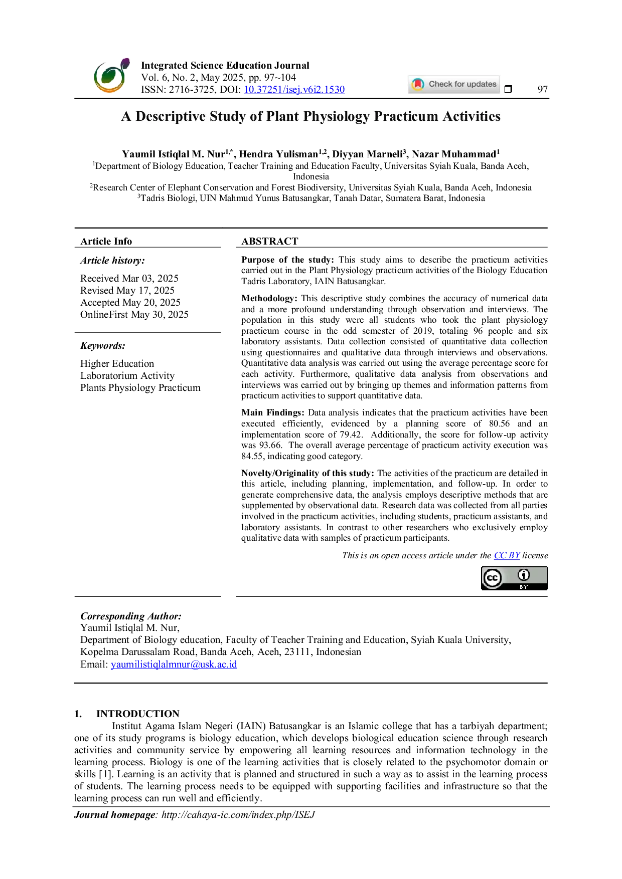 JURIS A Descriptive Study of Plant Physiology Practicum Activities