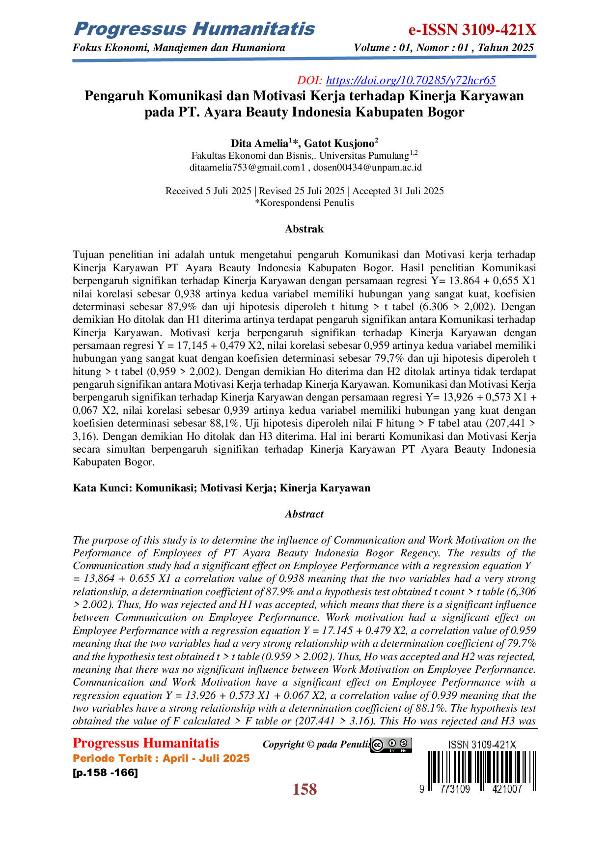 JURIS Pengaruh Komunikasi dan Motivasi Kerja terhadap Kinerja Karyawan