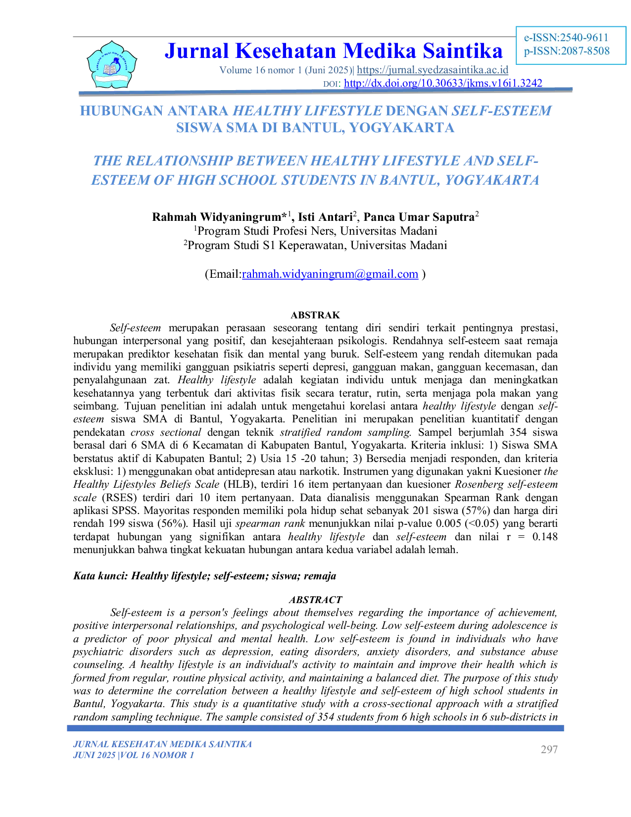 JURIS Hubungan Antara Healthy Lifestyle Dengan Self Esteem Siswa Sma Di Bantul Yogyakarta