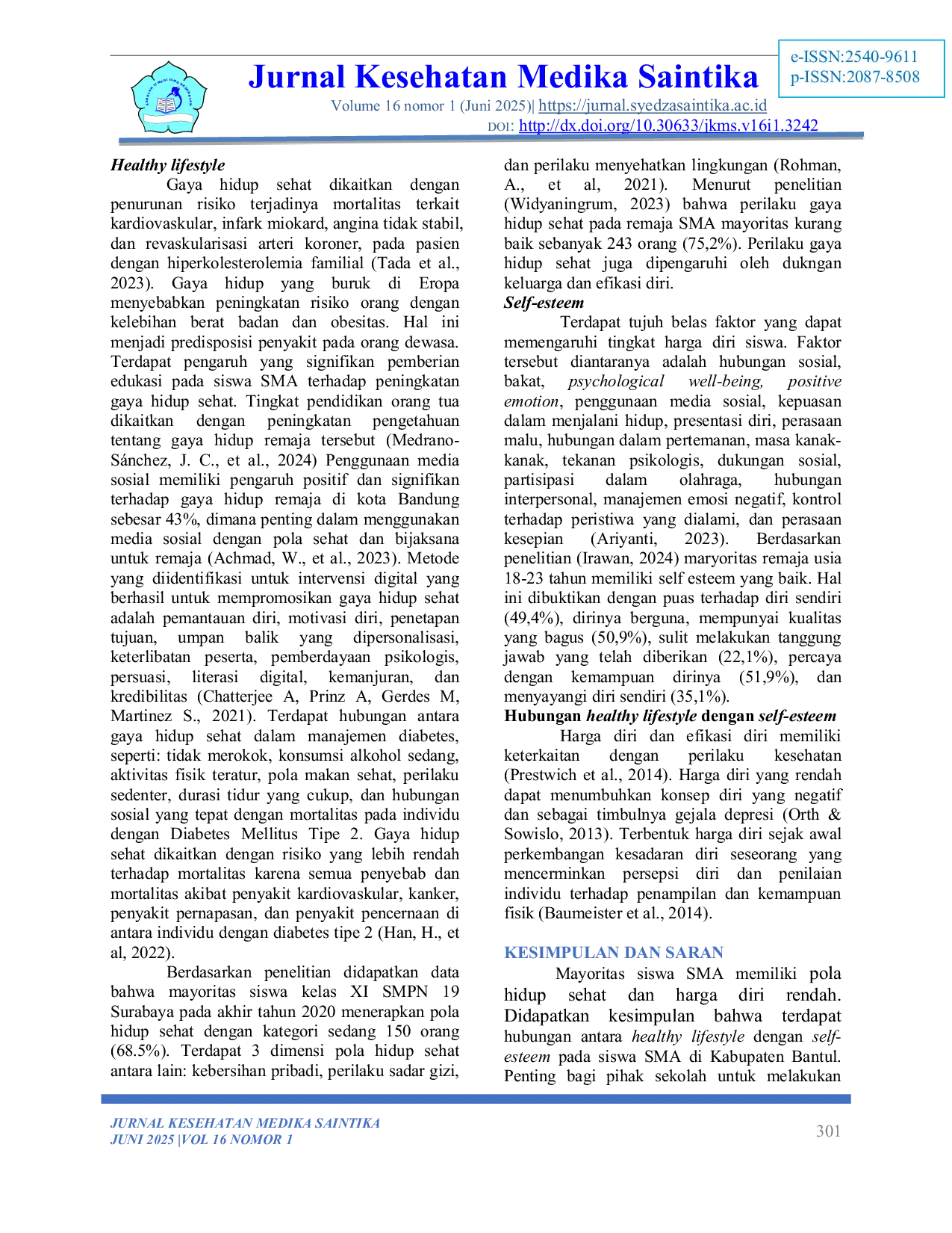 JURIS Hubungan Antara Healthy Lifestyle Dengan Self Esteem Siswa Sma Di Bantul Yogyakarta