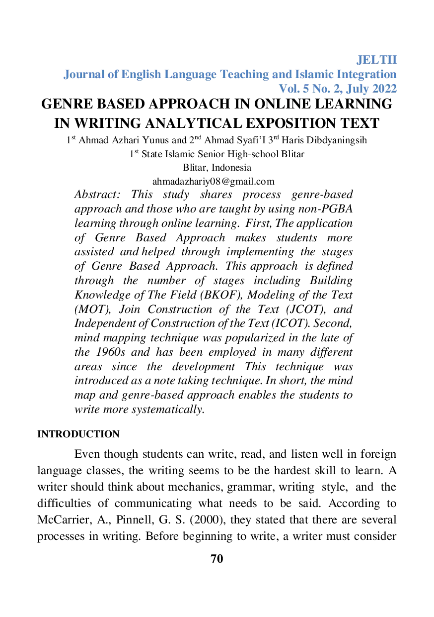 JURIS Genre Based Approach in Online Learning in Writing Analytical Exposition Text