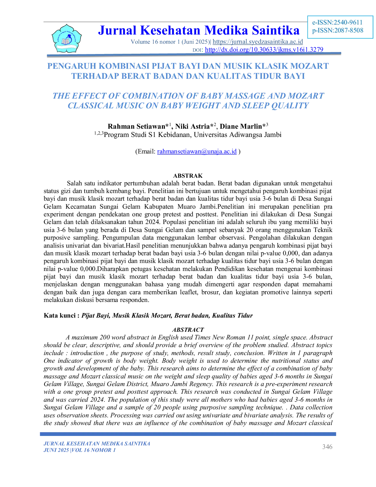 JURIS Pengaruh Kombinasi Pijat Bayi Dan Musik Klasik Mozart Terhadap Berat Badan Dan Kualitas Tidur Bayi
