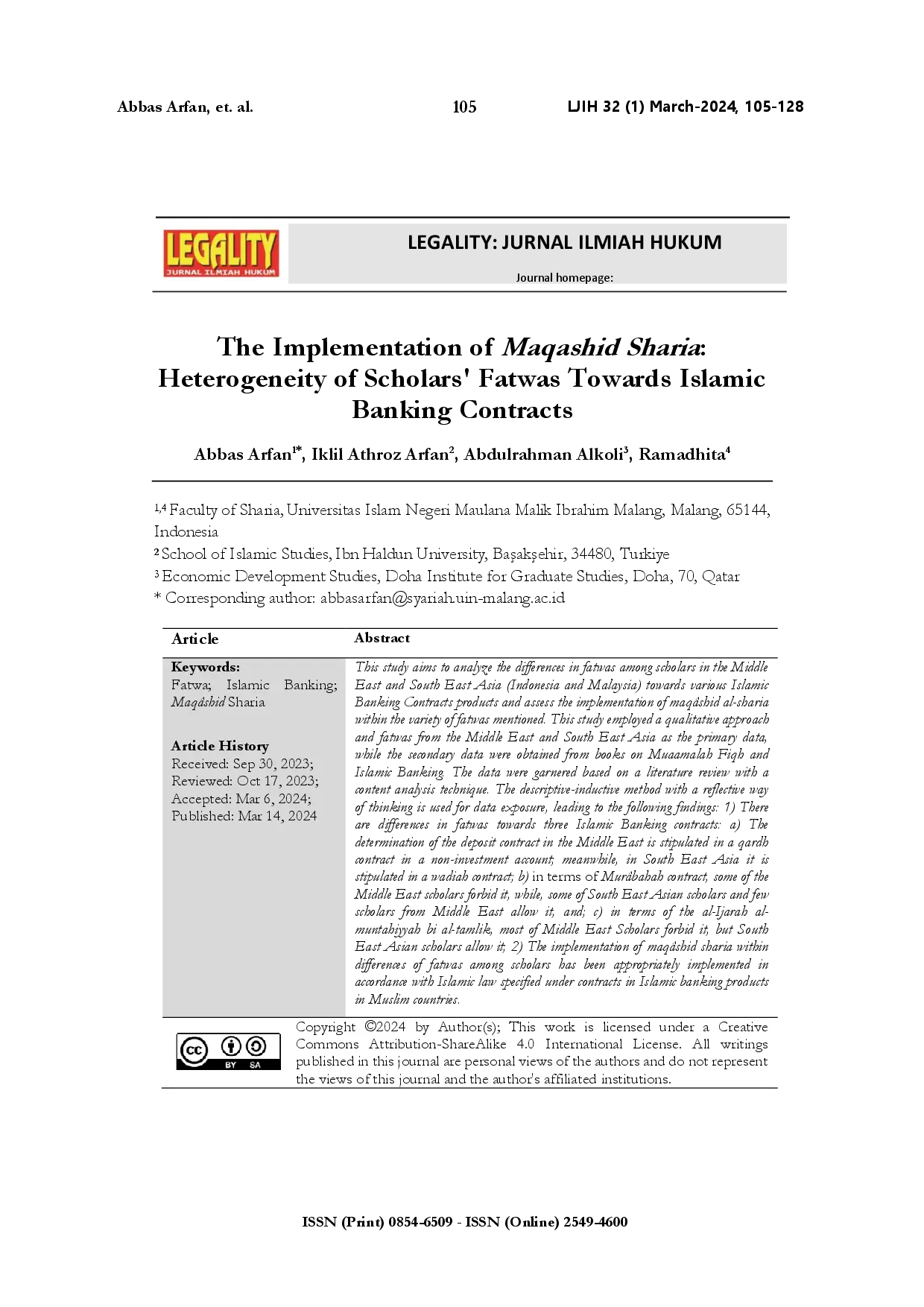 juris The implementation of Maqashid Sharia heterogeneity of scholars fatwas towards Islamic banking contracts