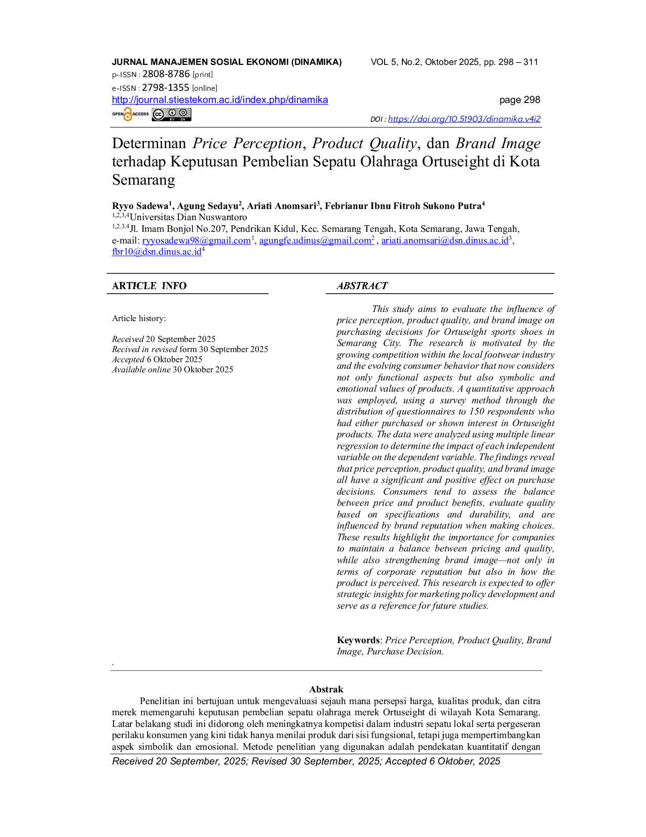 JURIS Determinan Price Perception Product Quality dan Brand Image Terhadap Keputusan Pembelian Sepatu Olahraga Ortuseight Di Kota Semarang