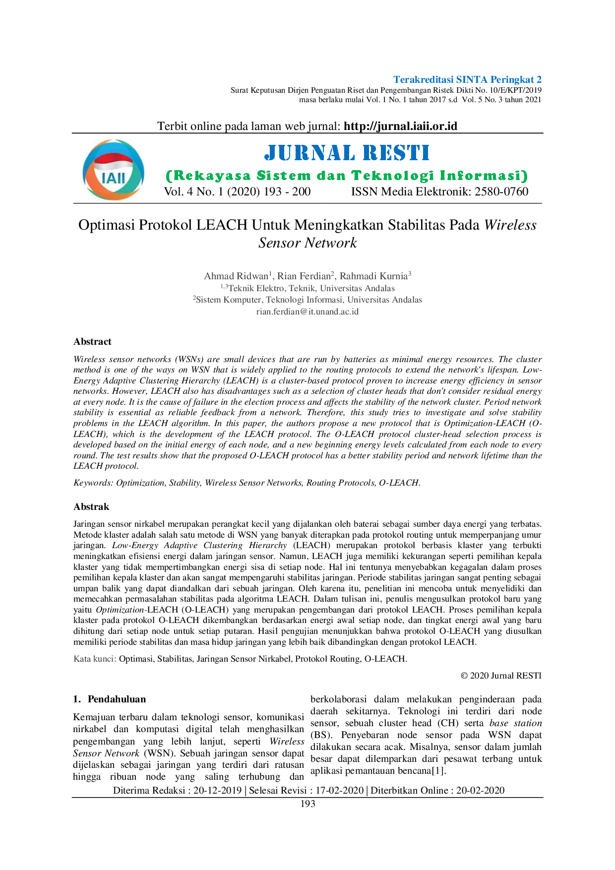 JURIS Optimasi Protokol LEACH Untuk Meningkatkan Stabilitas Pada Wireless Sensor Network