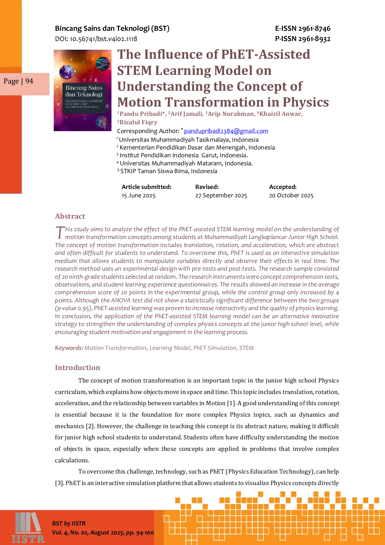 JURIS The Influence of PhET Assisted STEM Learning Model on Understanding the Concept of Motion Transformation in Physics