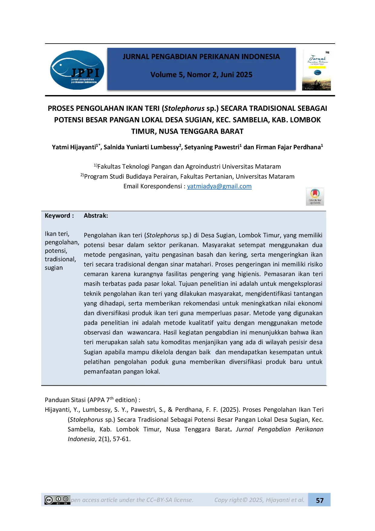 JURIS PROSES PENGOLAHAN IKAN TERI Stolephorus sp SECARA TRADISIONAL SEBAGAI POTENSI BESAR PANGAN LOKAL DESA SUGIAN KEC SAMBELIA KAB LOMBOK TIMUR NUSA TENGGARA BARAT