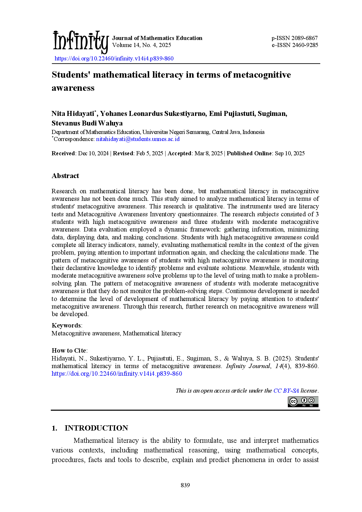 juris Students Mathematical Literacy in Terms of Metacognitive Awareness