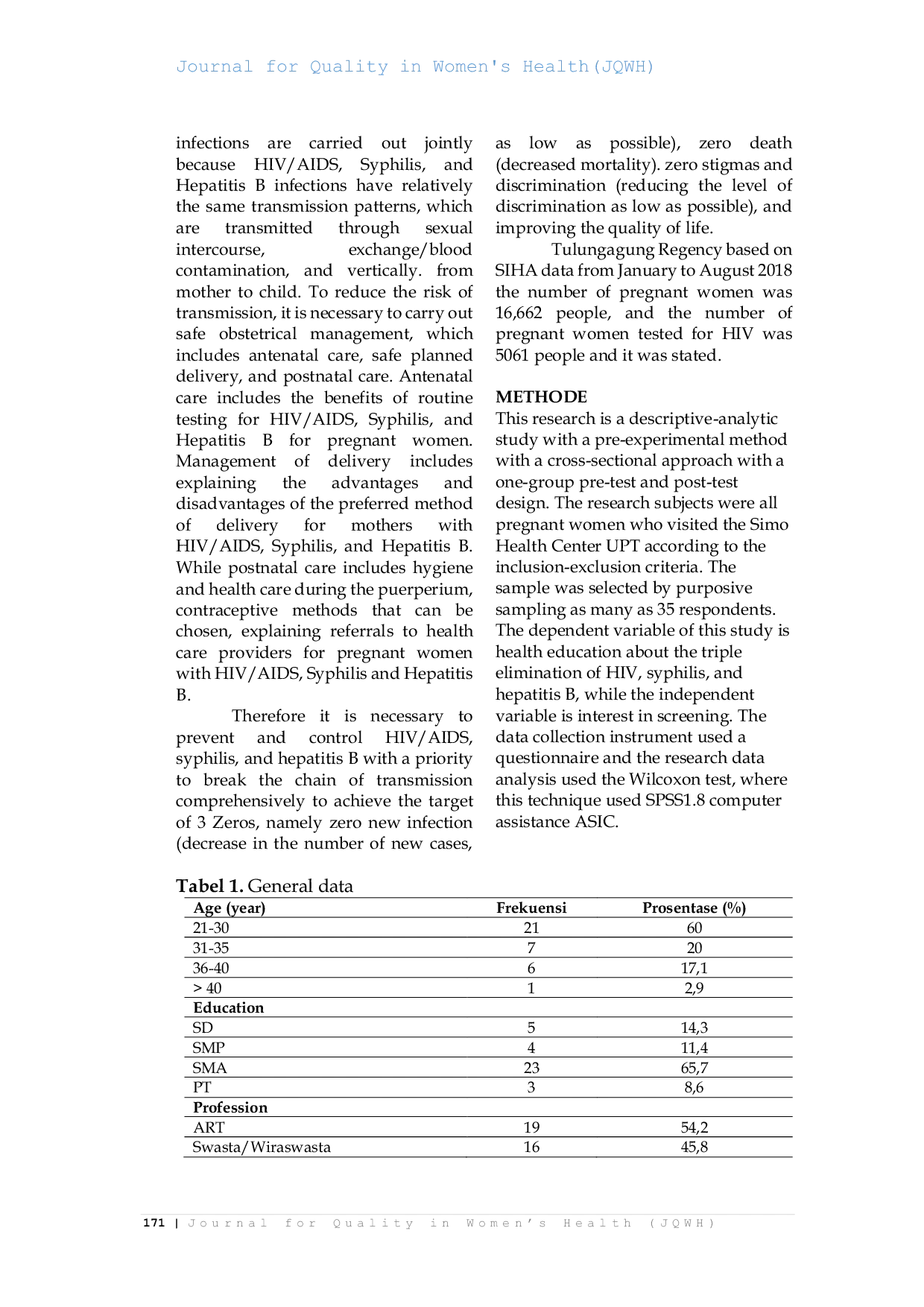 JURIS Health Education Analysis of Elimination of HIV Syphilis and Hepatitis B Towards Interest in Screening of Pregnant Women