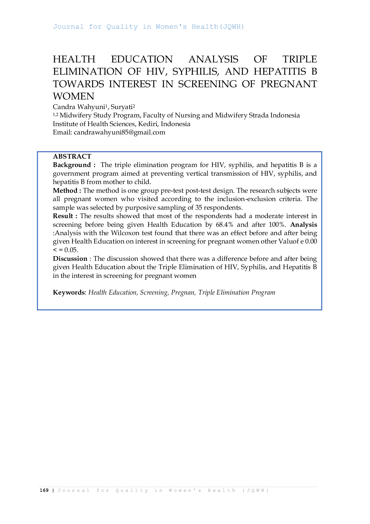 JURIS Health Education Analysis of Elimination of HIV Syphilis and Hepatitis B Towards Interest in Screening of Pregnant Women