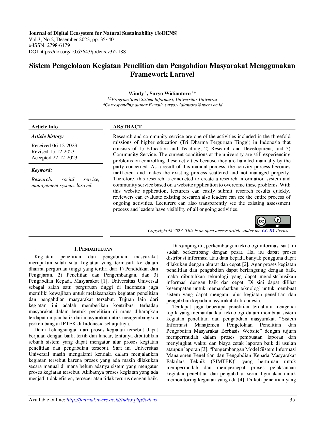 JURIS Sistem Pengelolaan Kegiatan Penelitian Dan Pengabdian Masyarakat Menggunakan Framework Laravel