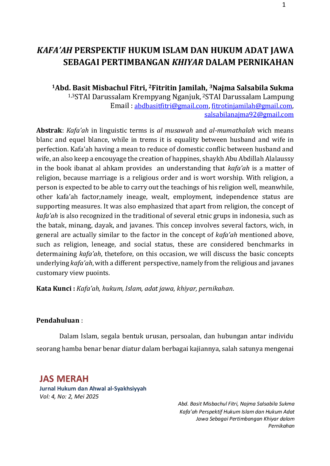JURIS Kafa ah Perspektif Hukum Islam Dan Hukum Adat Jawa Sebagai Pertimbangan Khiyar Dalam Pernikahan