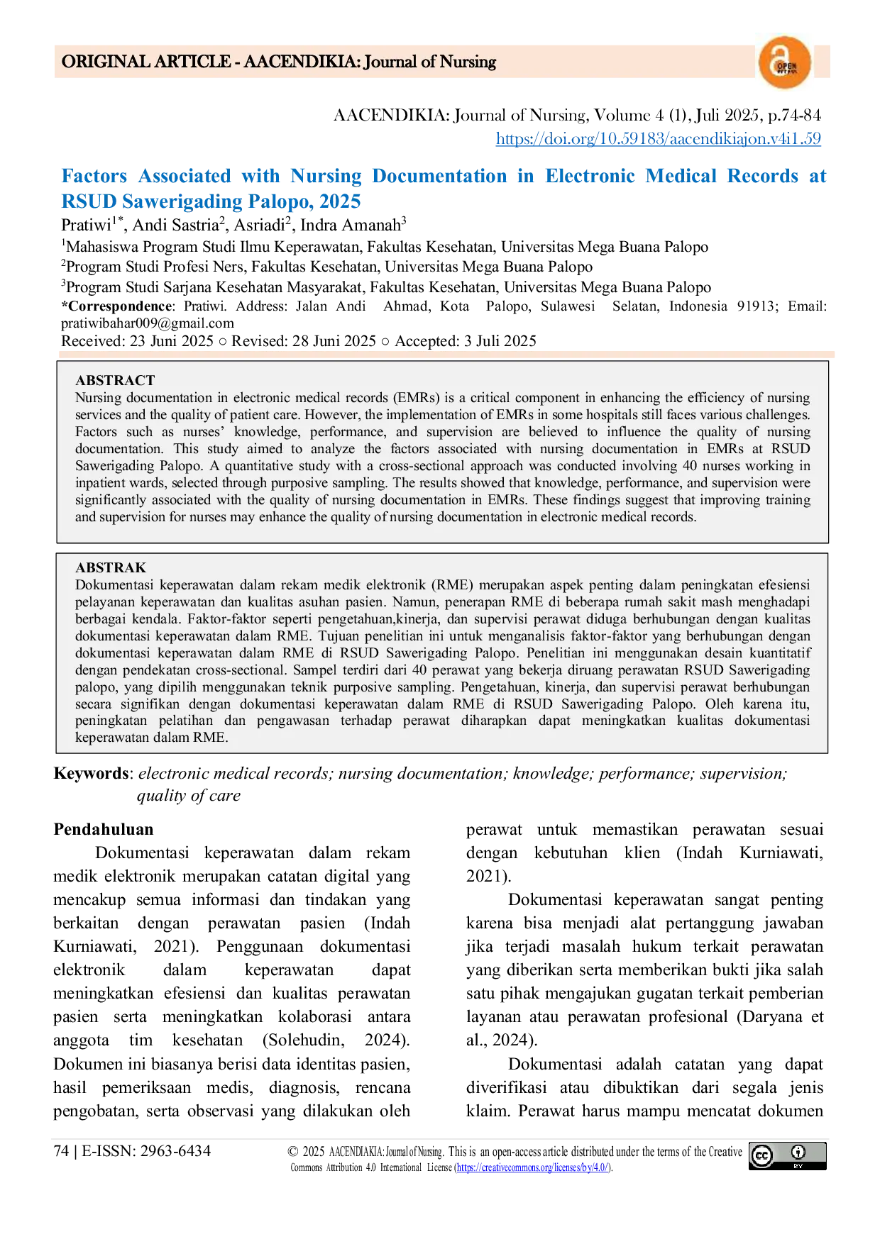 JURIS Factors Associated with Nursing Documentation in Electronic Medical Records at RSUD Sawerigading Palopo 2025