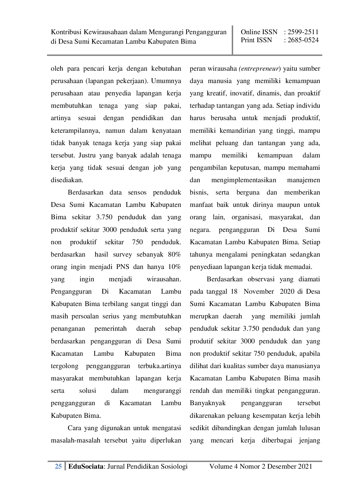 JURIS Kontribusi Kewirausahaan Dalam Mengurangi Pengangguran Di Desa Sumi Kecamatan Lambu Kabupaten Bima