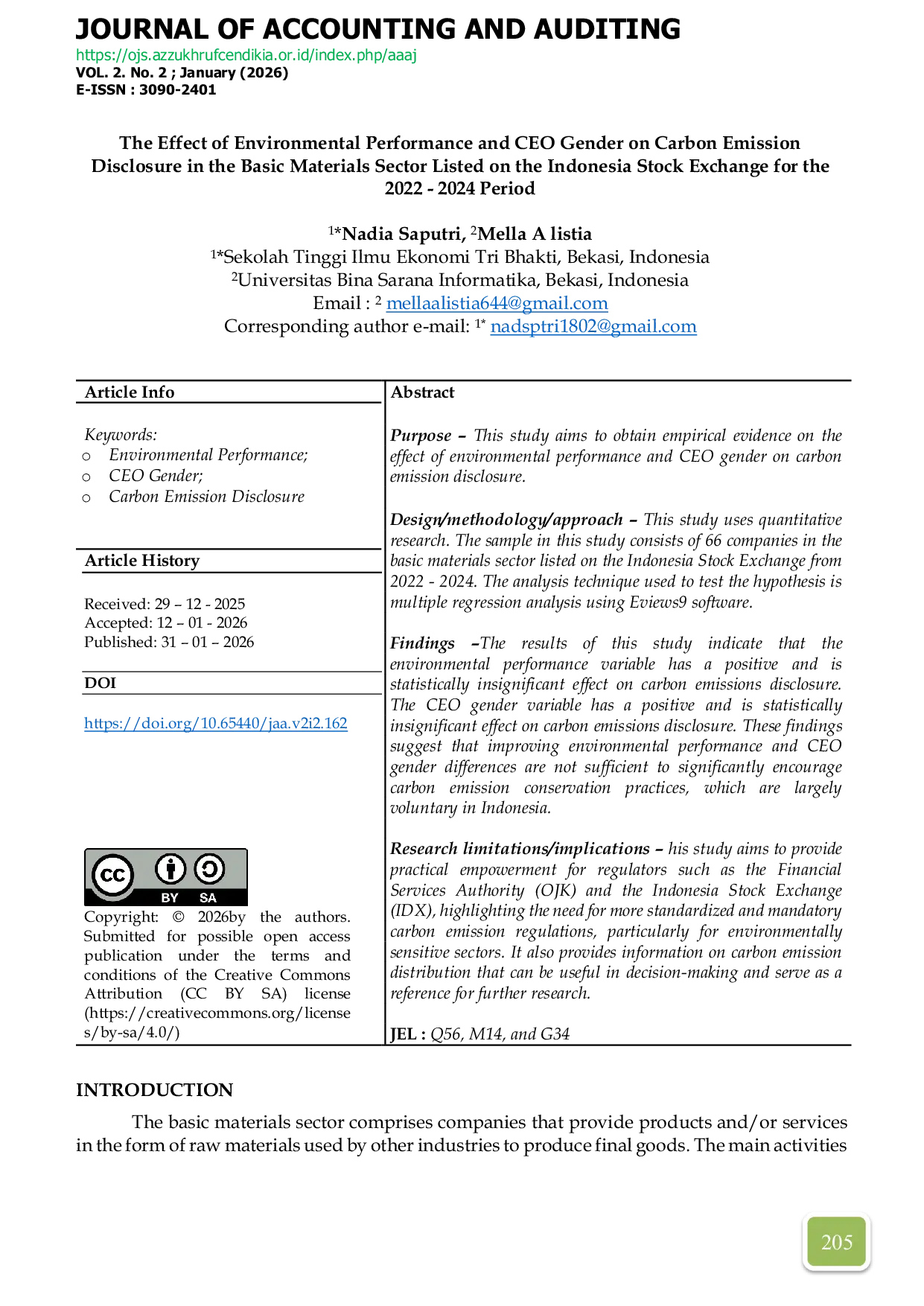 JURIS The Effect of Environmental Performance and CEO Gender on Carbon Emission Disclosure in the Basic Materials Sector Listed on the Indonesia Stock Exchange for the 2022 2024 Period