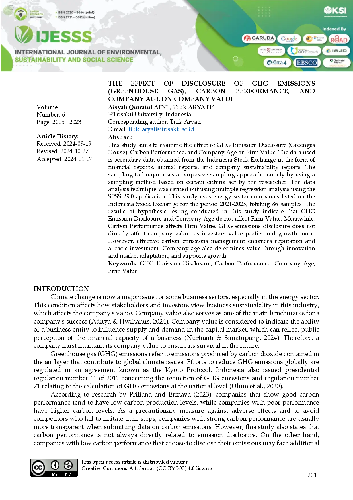 juris The Effect of Disclosure of GHG Emissions Greenhouse Gas Carbon Performance and Company Age on Company Value