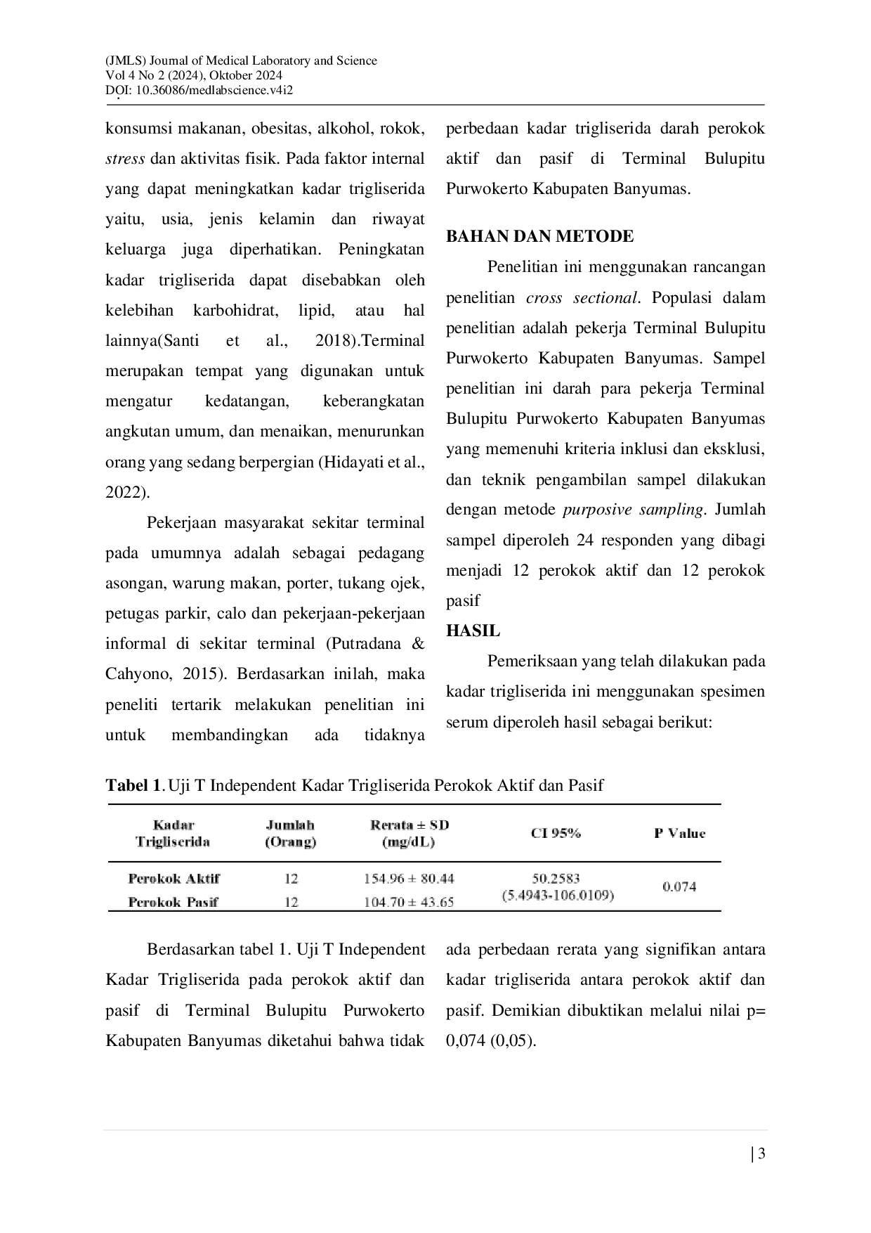 JURIS Perbedaan Kadar Trigliserida Pada Perokok Aktif Dan Pasif Di Terminal Bulupitu Purwokerto