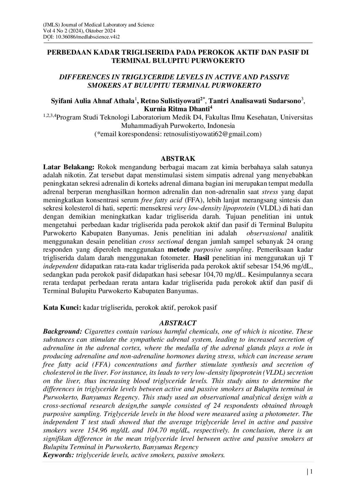 JURIS Perbedaan Kadar Trigliserida Pada Perokok Aktif Dan Pasif Di Terminal Bulupitu Purwokerto