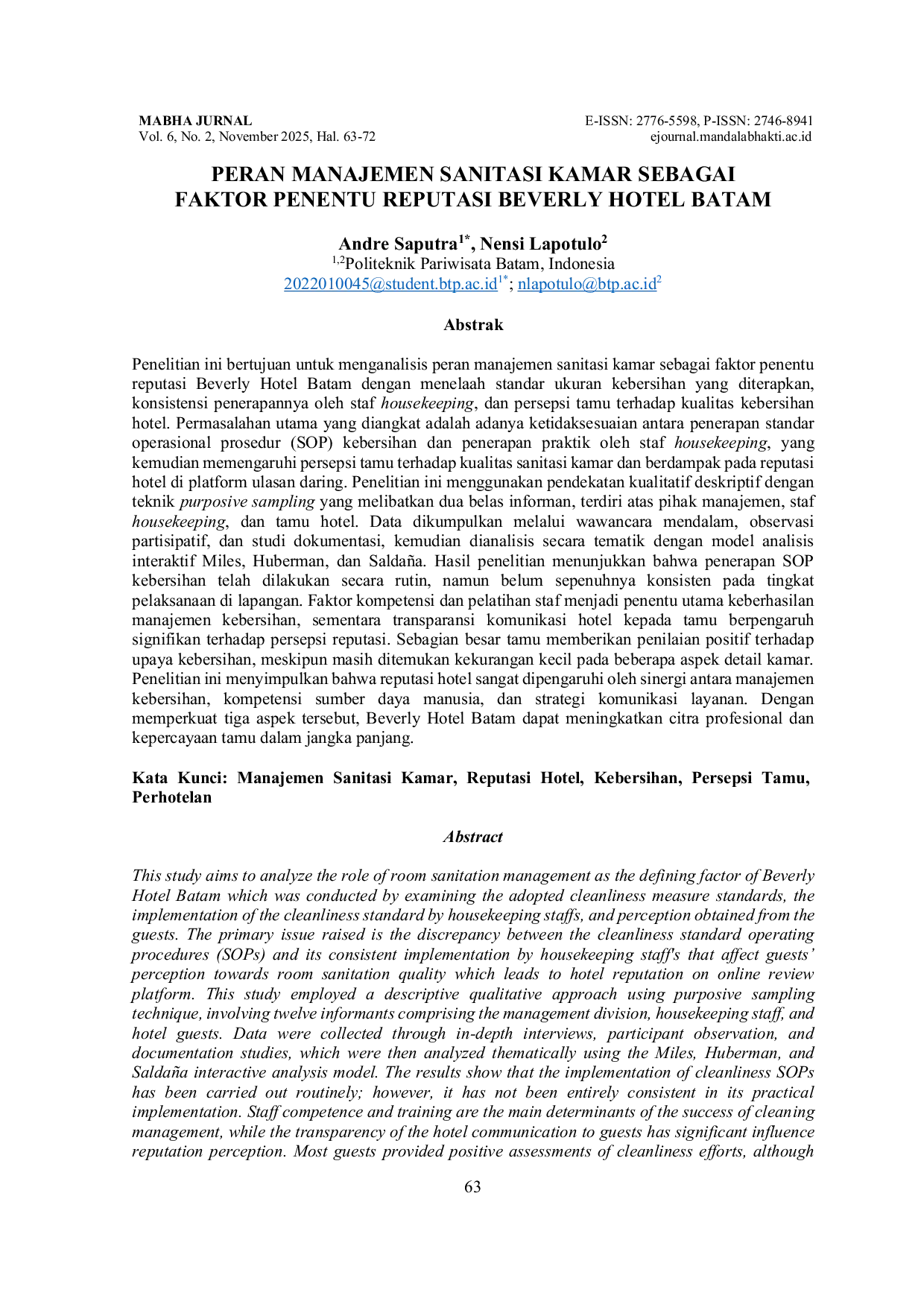 JURIS Peran Manajemen Sanitasi Kamar Sebagai Faktor Penentu Reputasi Beverly Hotel Batam