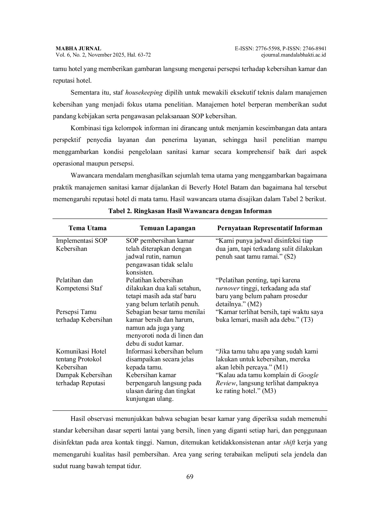 JURIS Peran Manajemen Sanitasi Kamar Sebagai Faktor Penentu Reputasi Beverly Hotel Batam