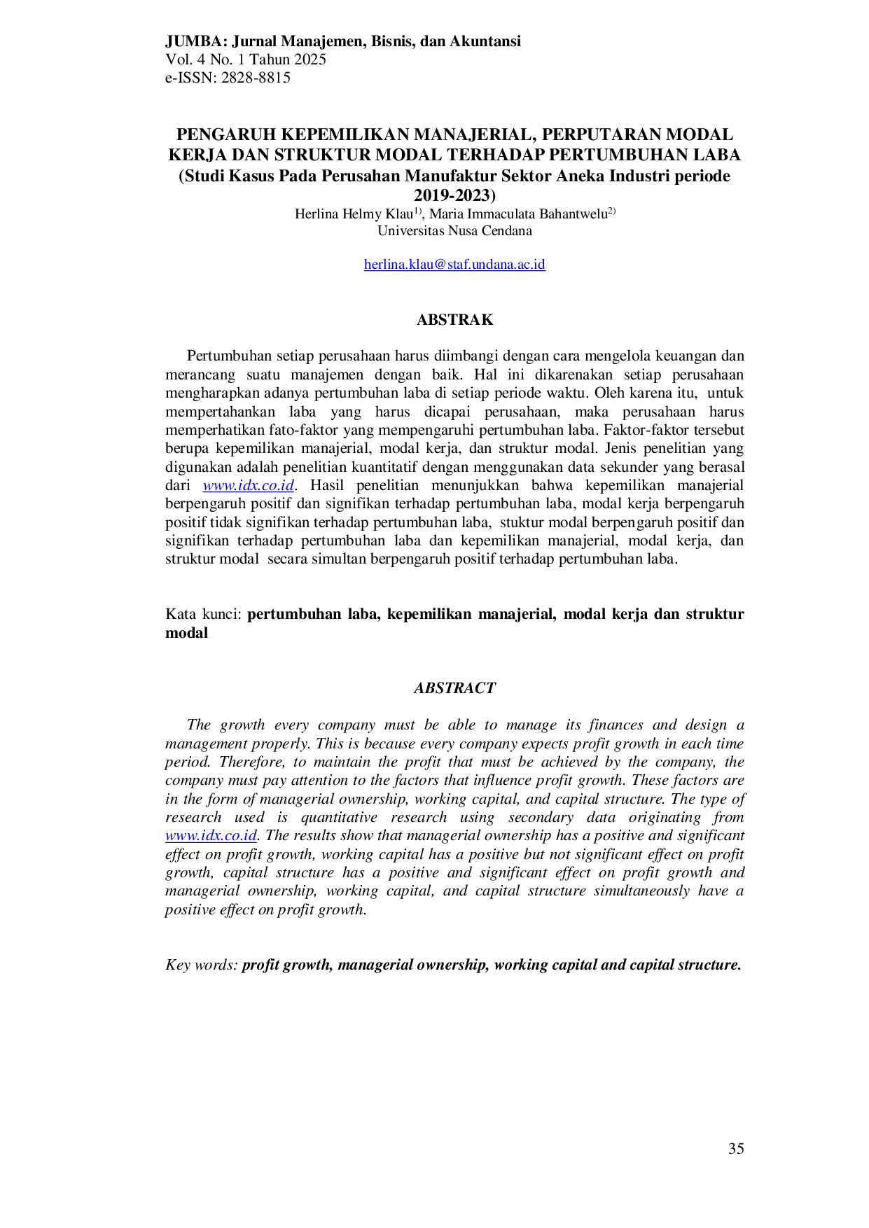 JURIS PENGARUH KEPEMILIKAN MANAJERIAL PERPUTARAN MODAL KERJA DAN STRUKTUR MODAL TERHADAP PERTUMBUHAN LABA Studi Kasus Pada Perusahan Manufaktur Sektor Aneka Industri periode 2019 2023